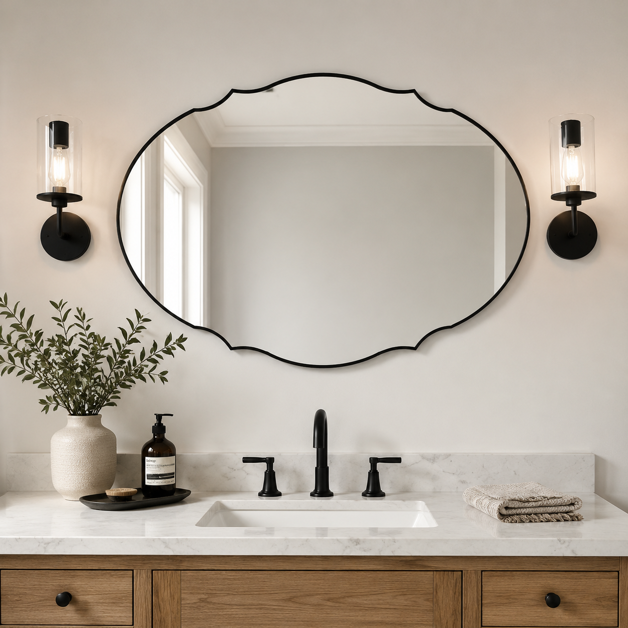 Contemporary Oval Scalloped Wall Mirror Irregular Bathroom Vanity Mirror| Stainless Steel Frame