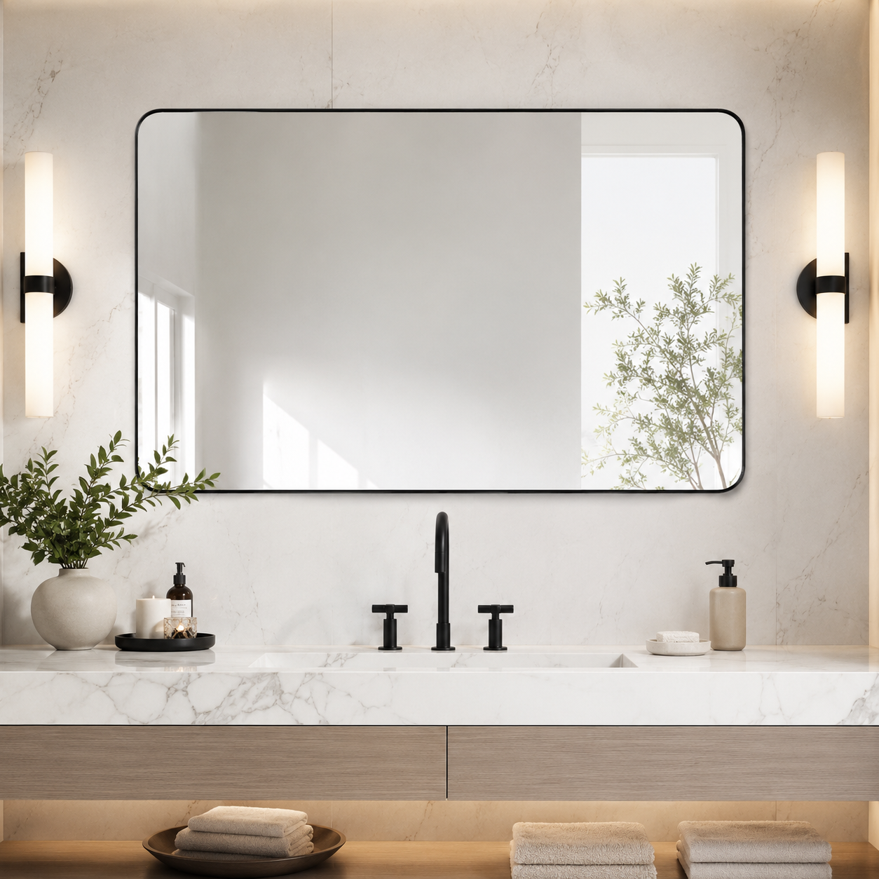Modern Rounded Rectangle Mirror for Bathroom/ Vanity/ Wall | Stainless Steel Frame