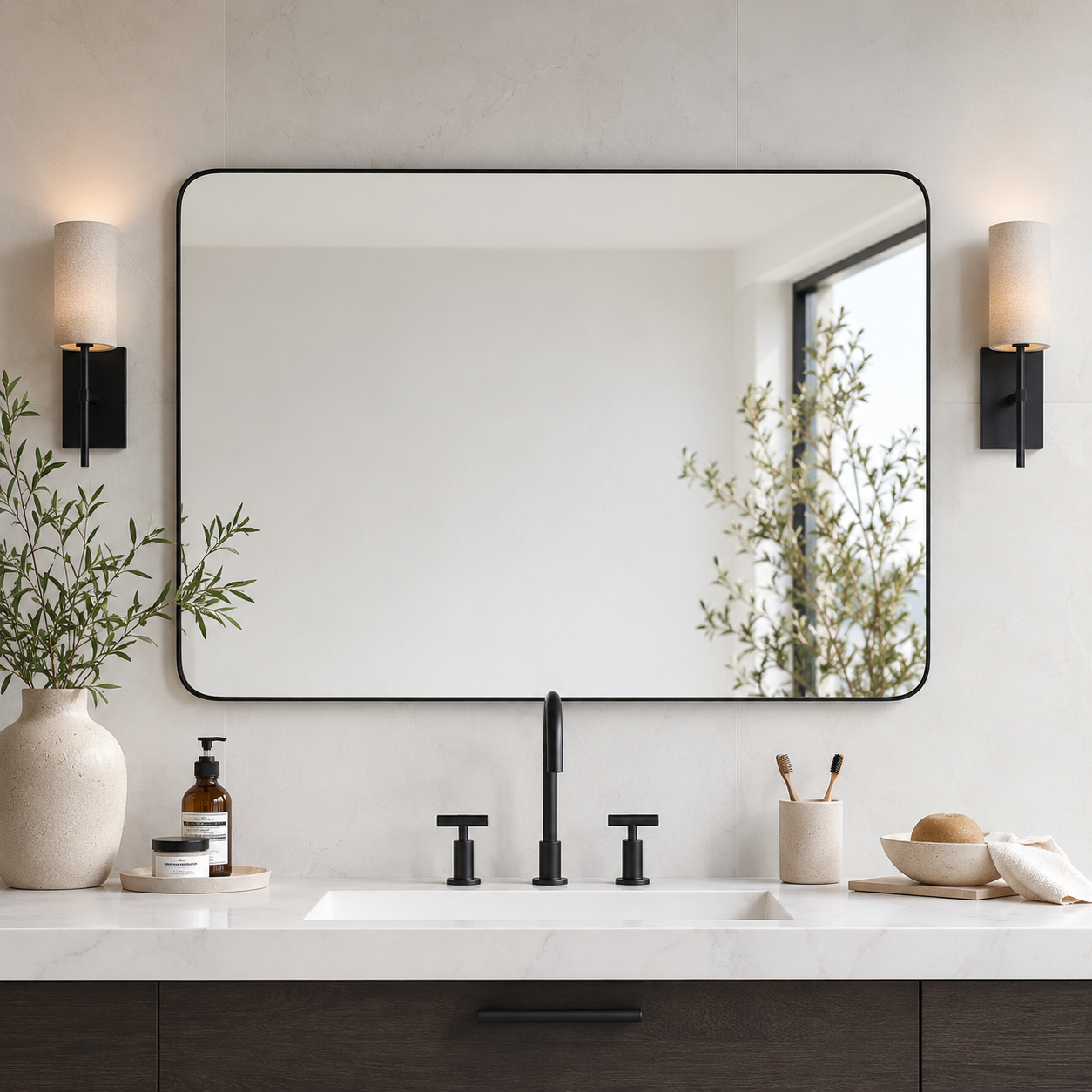 Modern Rounded Rectangle Mirror for Bathroom/ Vanity/ Wall | Stainless Steel Frame