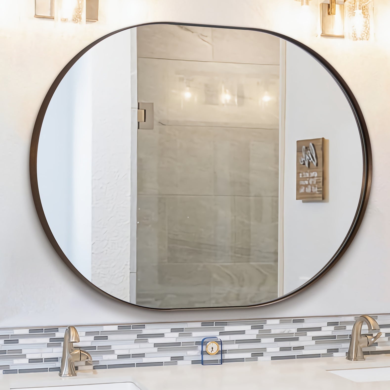 Modern Pill Shaped Capsule Wall Mirrors Long Oval Bathroom Vanity Mirror | Stainless Steel Frame
