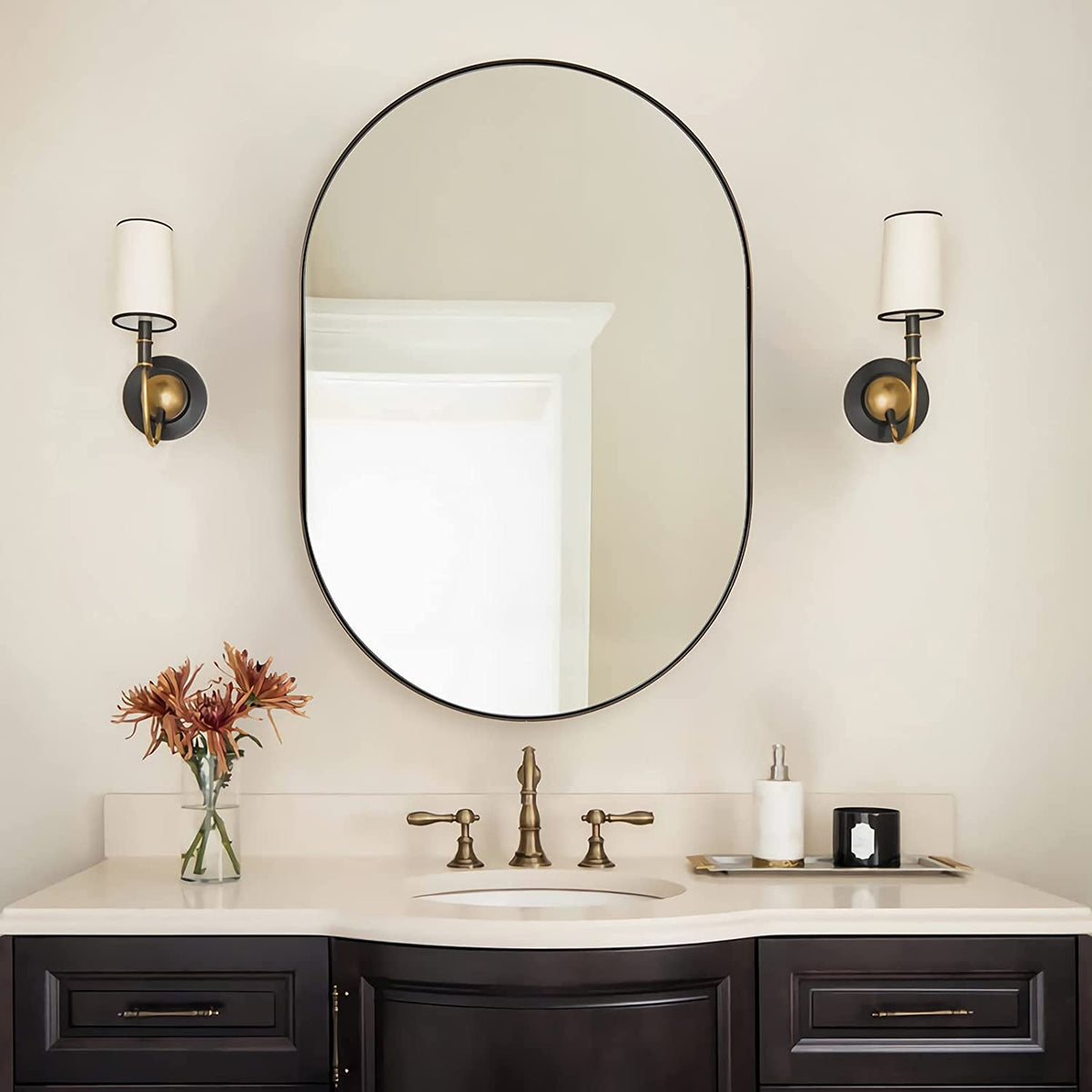 Modern Pill Shaped Capsule Wall Mirrors Long Oval Bathroom Vanity Mirror | Stainless Steel Frame