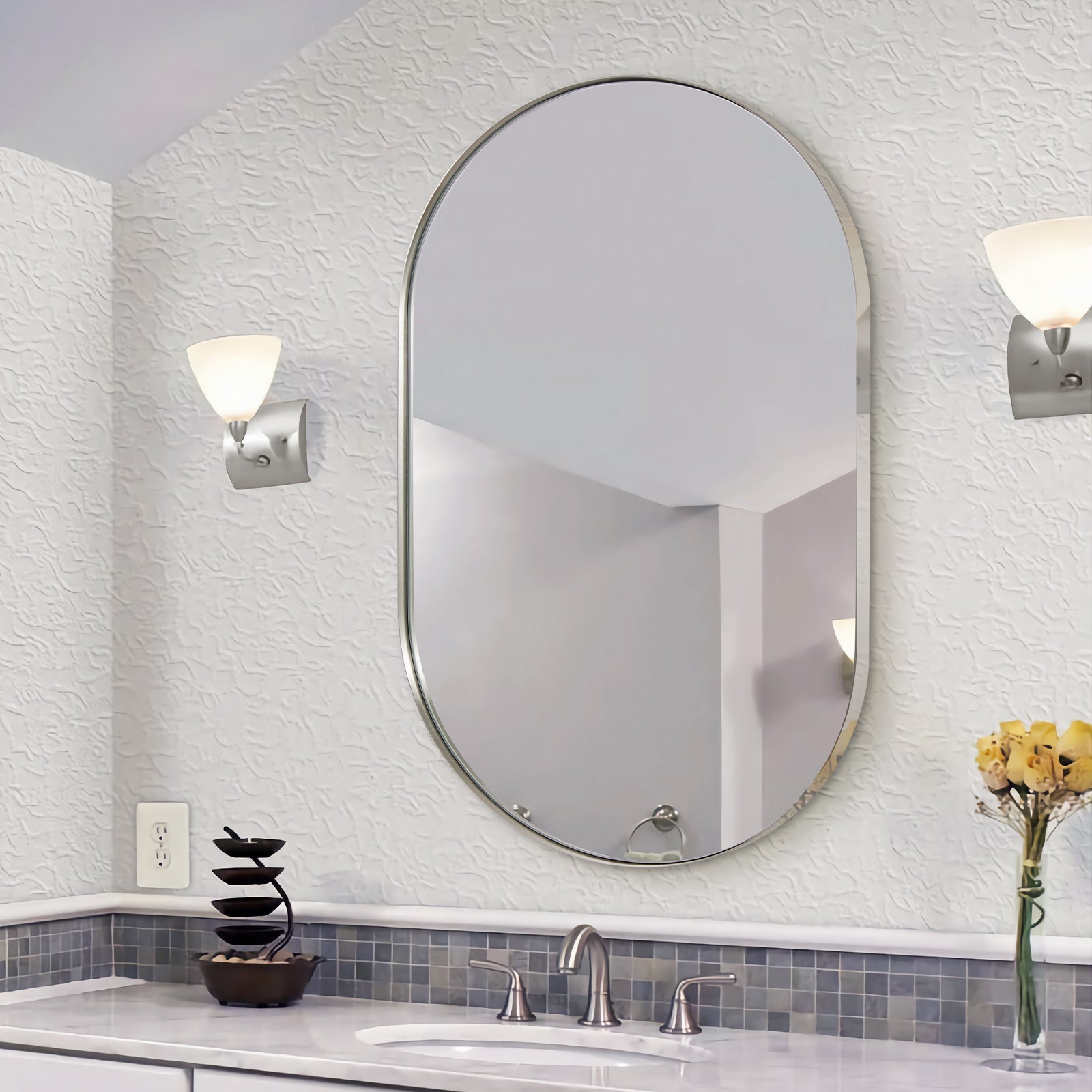 Modern Pill Shaped Capsule Wall Mirrors Long Oval Bathroom Vanity Mirror | Stainless Steel Frame
