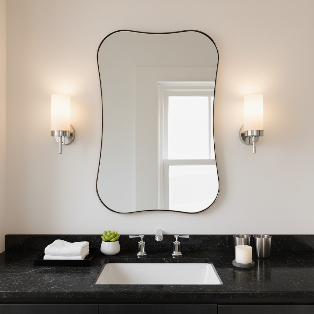 Brushed Nickel 浴室场景图 - 新台面和灯具