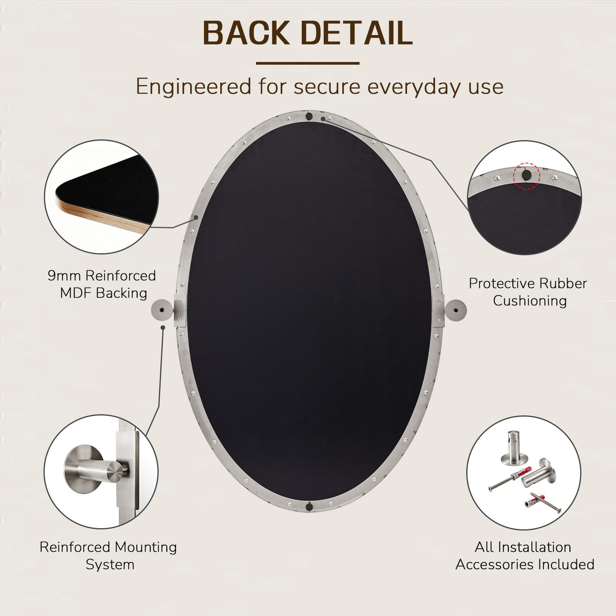 Oval Pivot Mirrors Adjustable Tilting Angle Floating Bathroom Mirror| Stainless Steel Framed