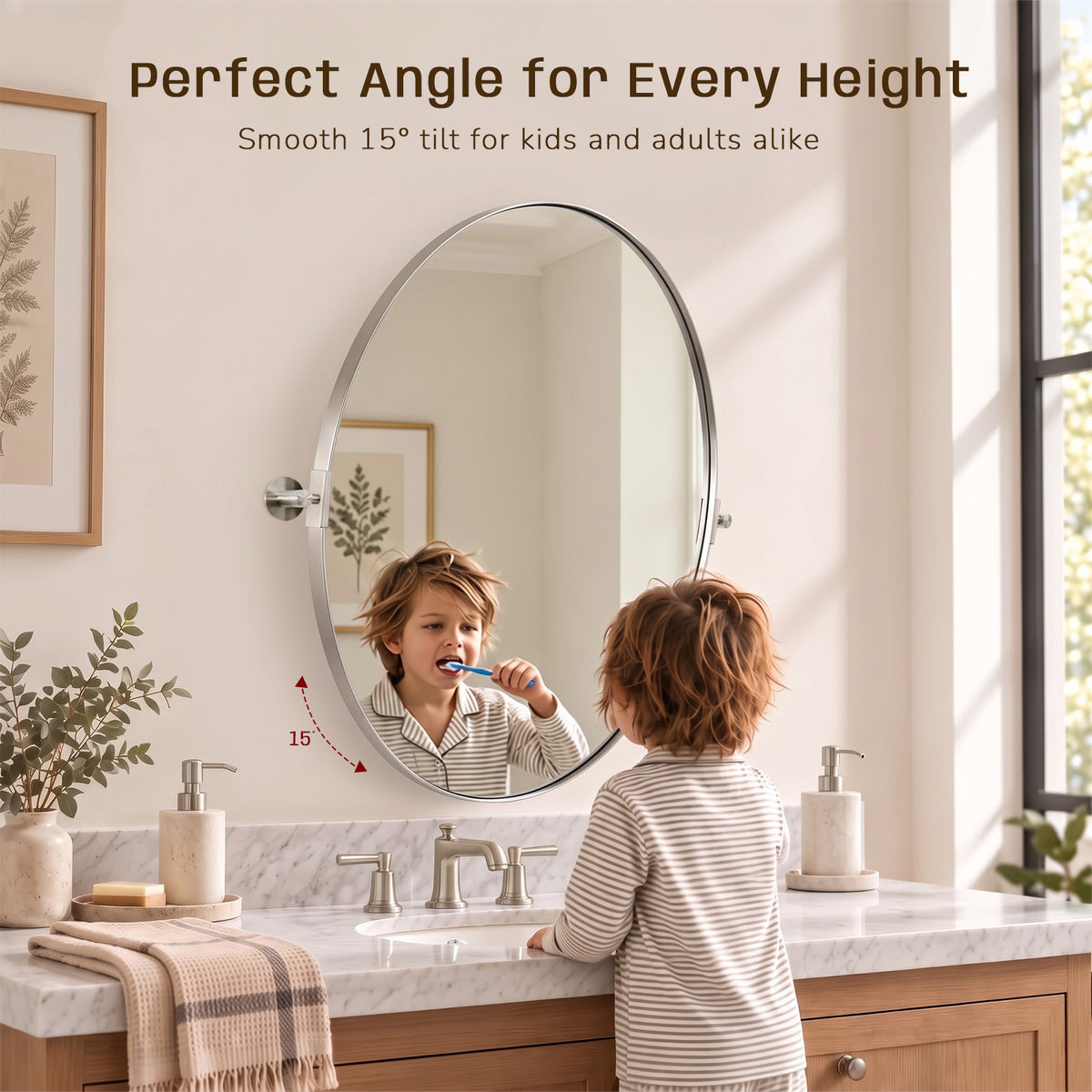Oval Pivot Mirrors Adjustable Tilting Angle Floating Bathroom Mirror| Stainless Steel Framed
