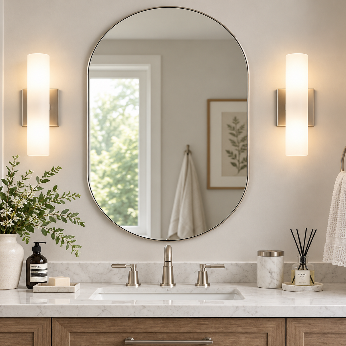 Modern Pill Shaped Capsule Wall Mirrors Long Oval Bathroom Vanity Mirror | Stainless Steel Frame