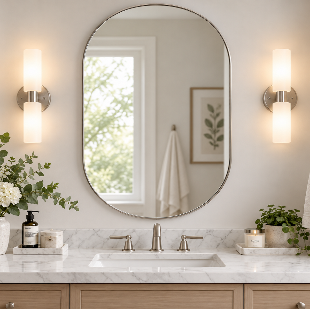 Modern Pill Shaped Capsule Wall Mirrors Long Oval Bathroom Vanity Mirror | Stainless Steel Frame