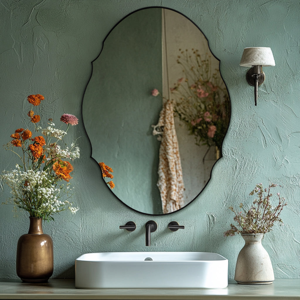 Contemporary Oval Scalloped Wall Mirror Irregular Bathroom Vanity Mirror| Stainless Steel Frame