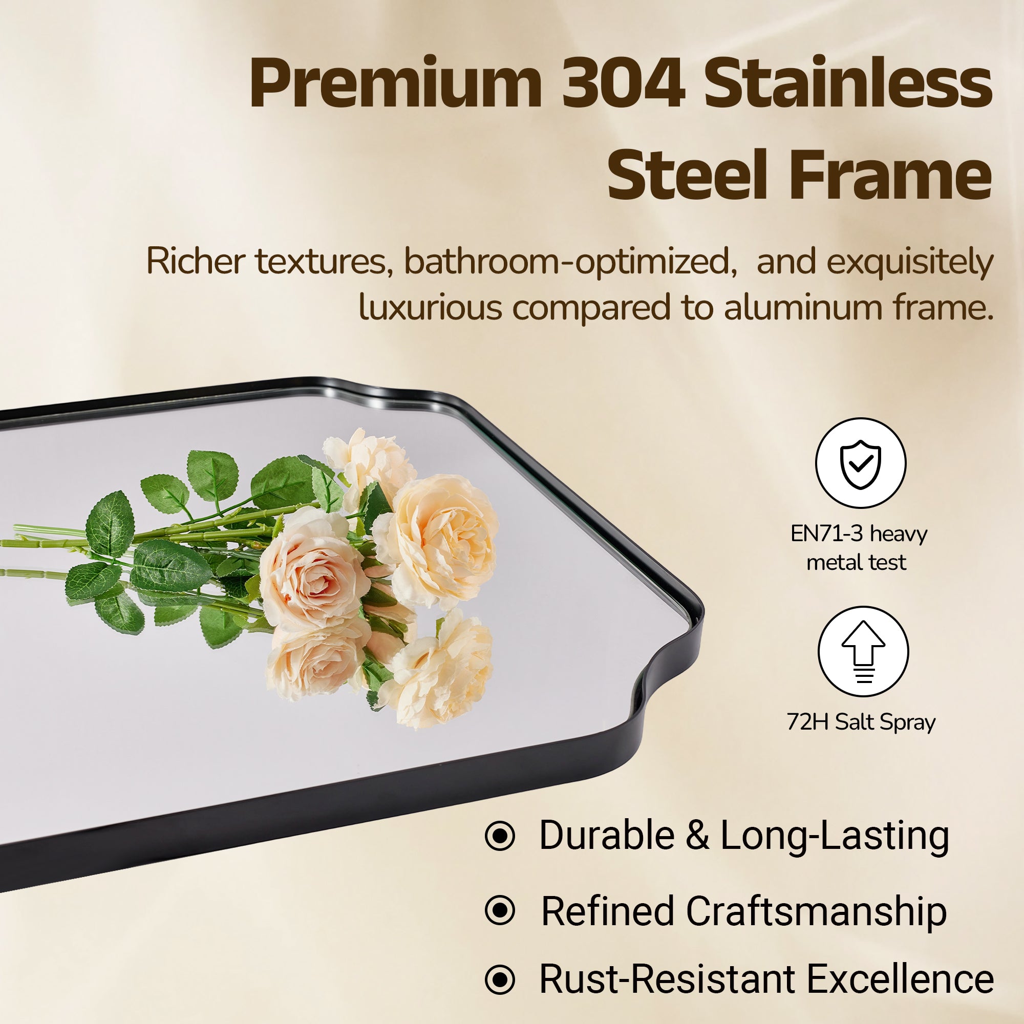 Contemporary Notched Corner Rectangle Scalloped Mirror for Wall /Bathroom | Stainless Steel Frame