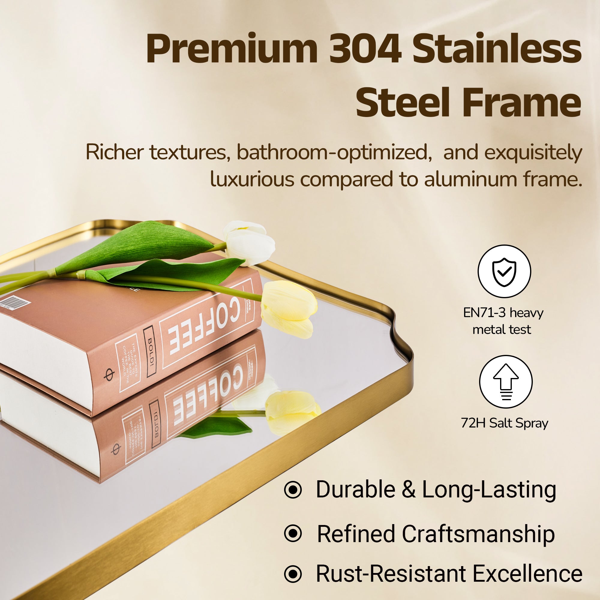 Contemporary Notched Corner Rectangle Scalloped Mirror for Wall /Bathroom | Stainless Steel Frame