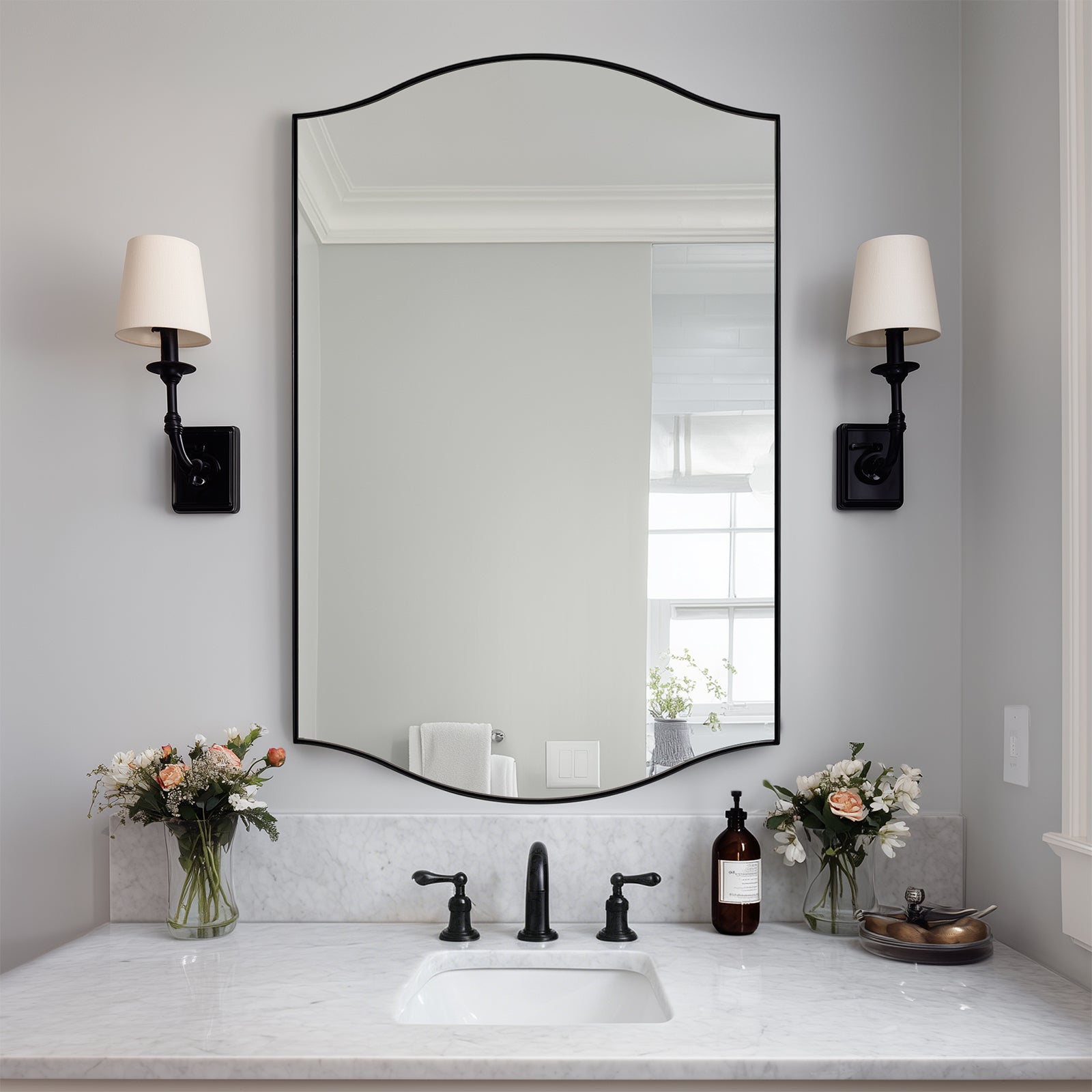 Dual Curve Arch Rectangular Scalloped Bathroom Wall Mirror |Stainless Steel Framed