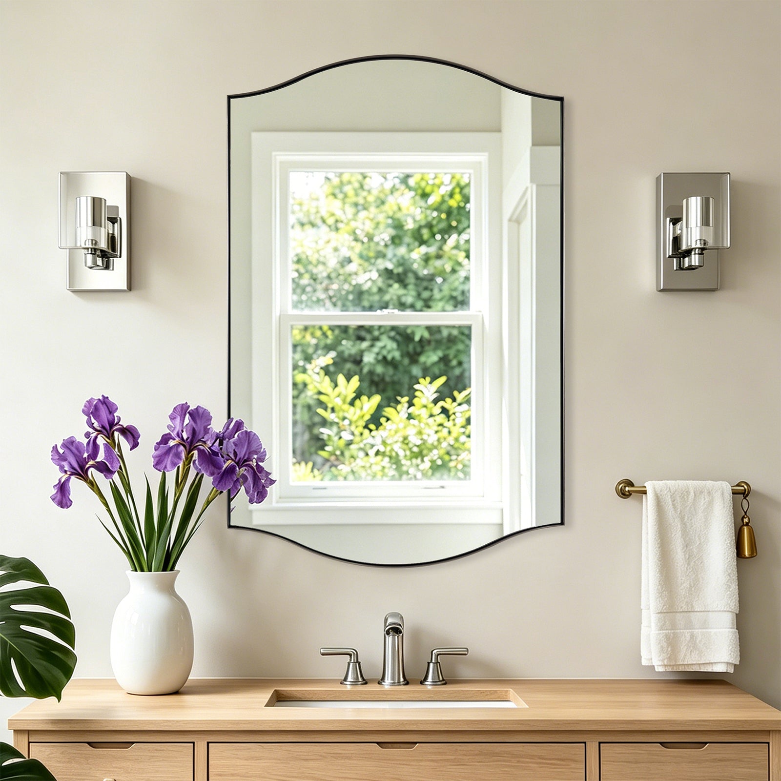Dual Curve Arch Rectangular Scalloped Bathroom Wall Mirror |Stainless Steel Framed