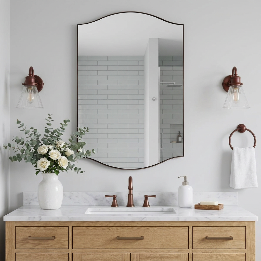 Dual Curve Arch Rectangular Scalloped Bathroom Wall Mirror |Stainless Steel Framed