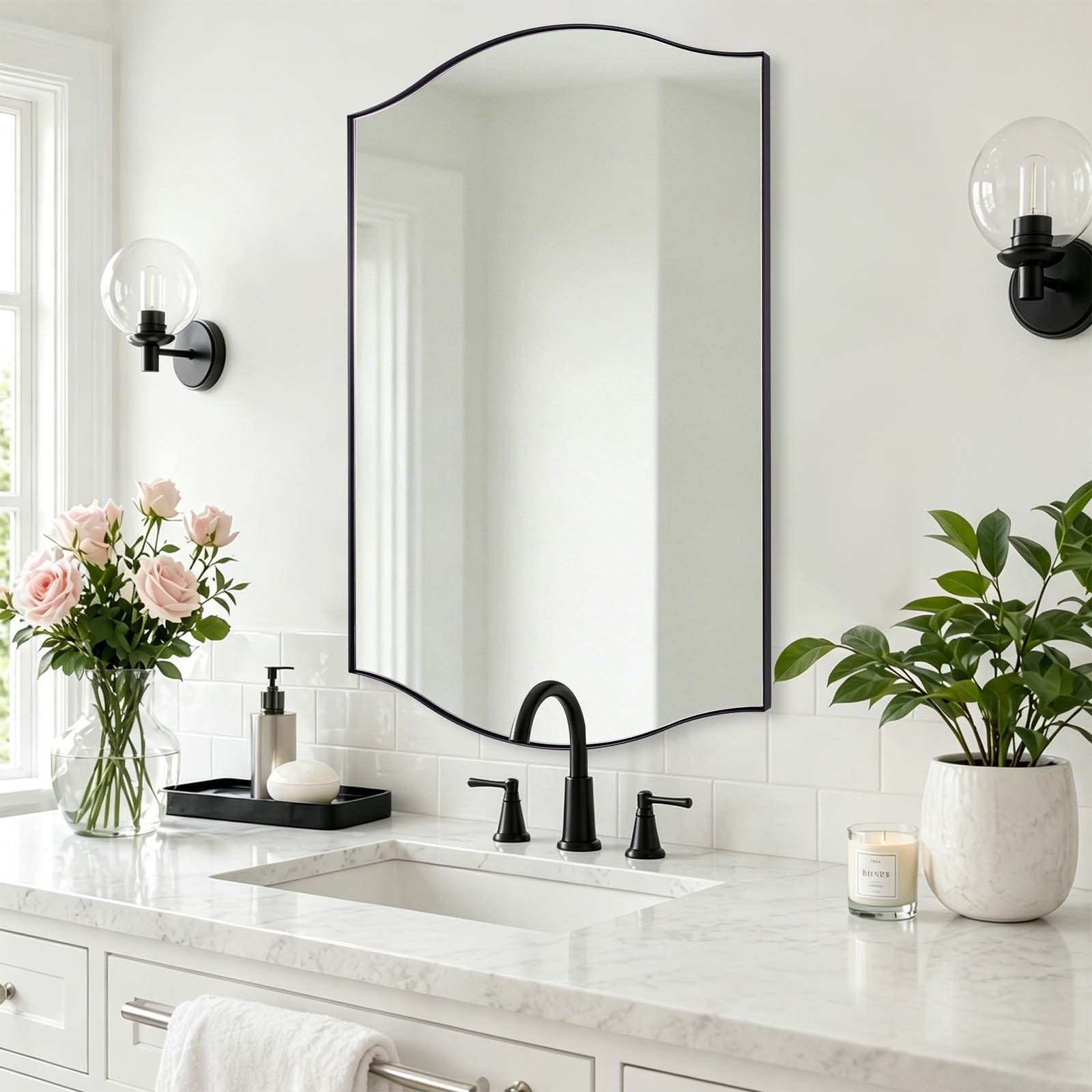 Dual Curve Arch Rectangular Scalloped Bathroom Wall Mirror |Stainless Steel Framed