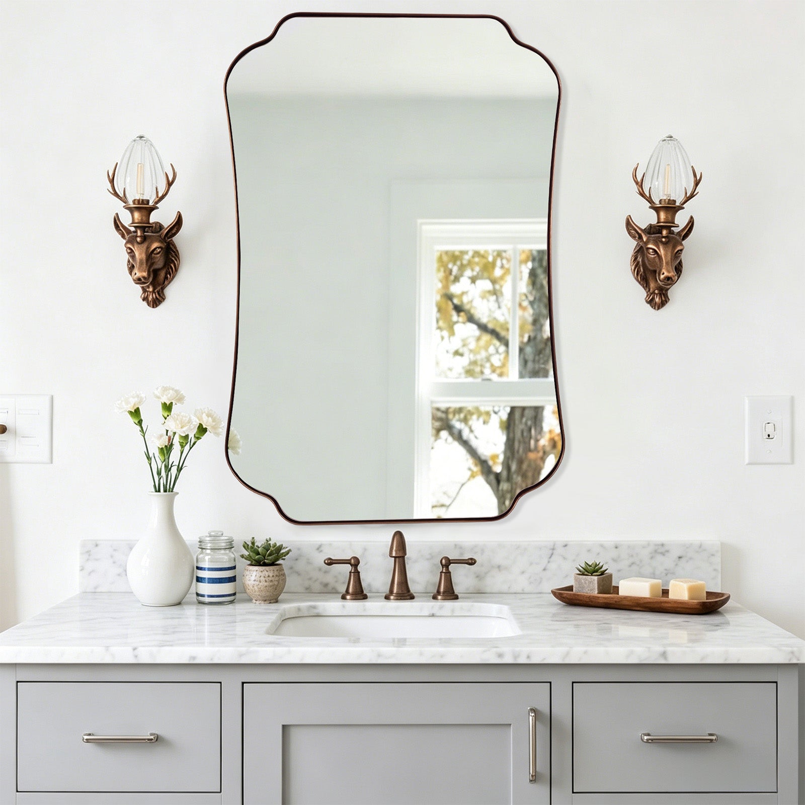 Contemporary Concave Edge Scalloped Bathroom Mirror Decorative | Stainless Steel Frame
