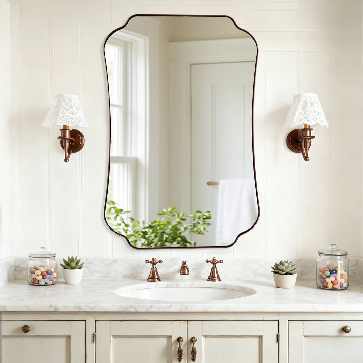 Contemporary Cut Corner Concave Edge Scalloped Bathroom Mirror | Stainless Steel Frame