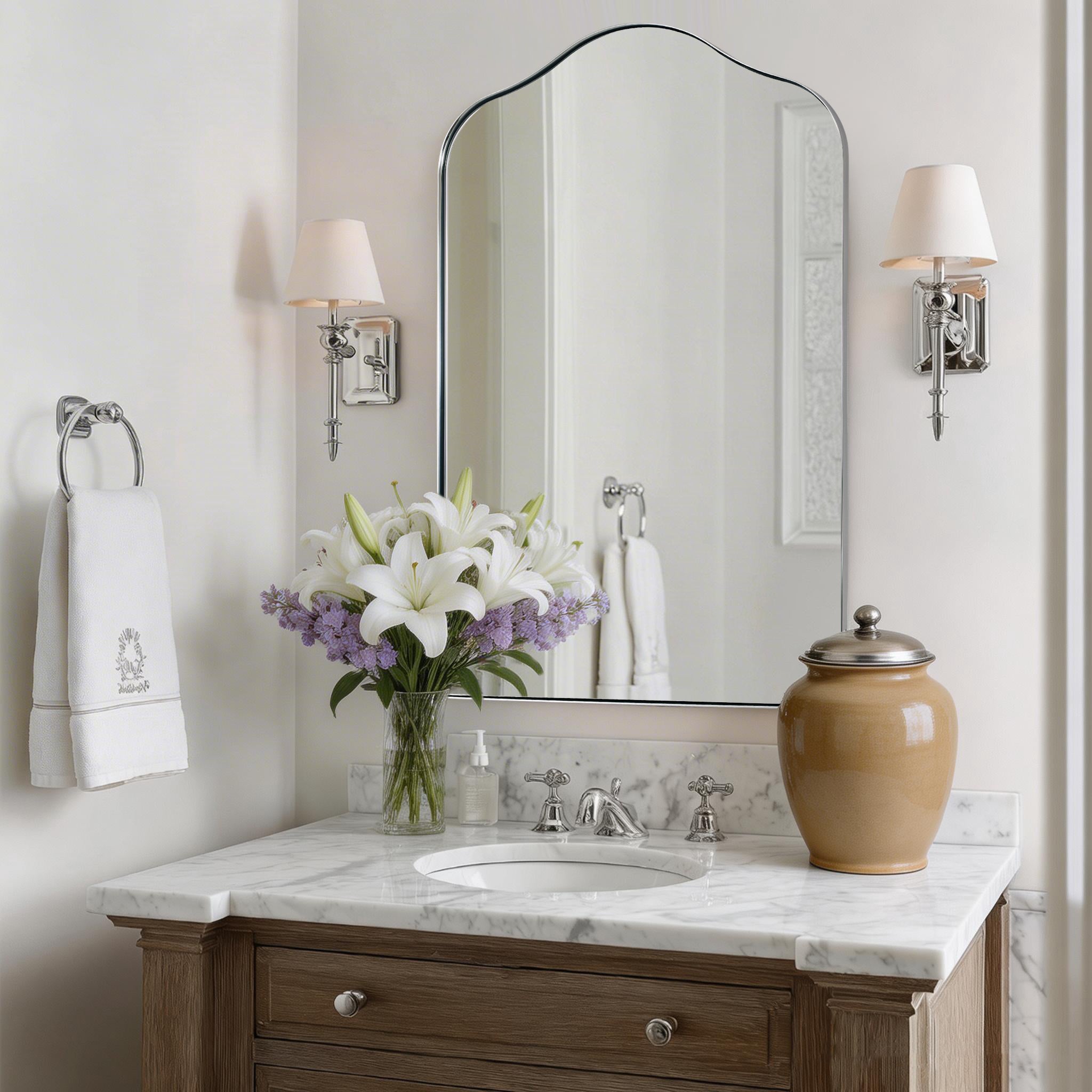 Contemporary Arch Top Curved Arched Bathroom Vanity Mirror | Stainless Steel Frame