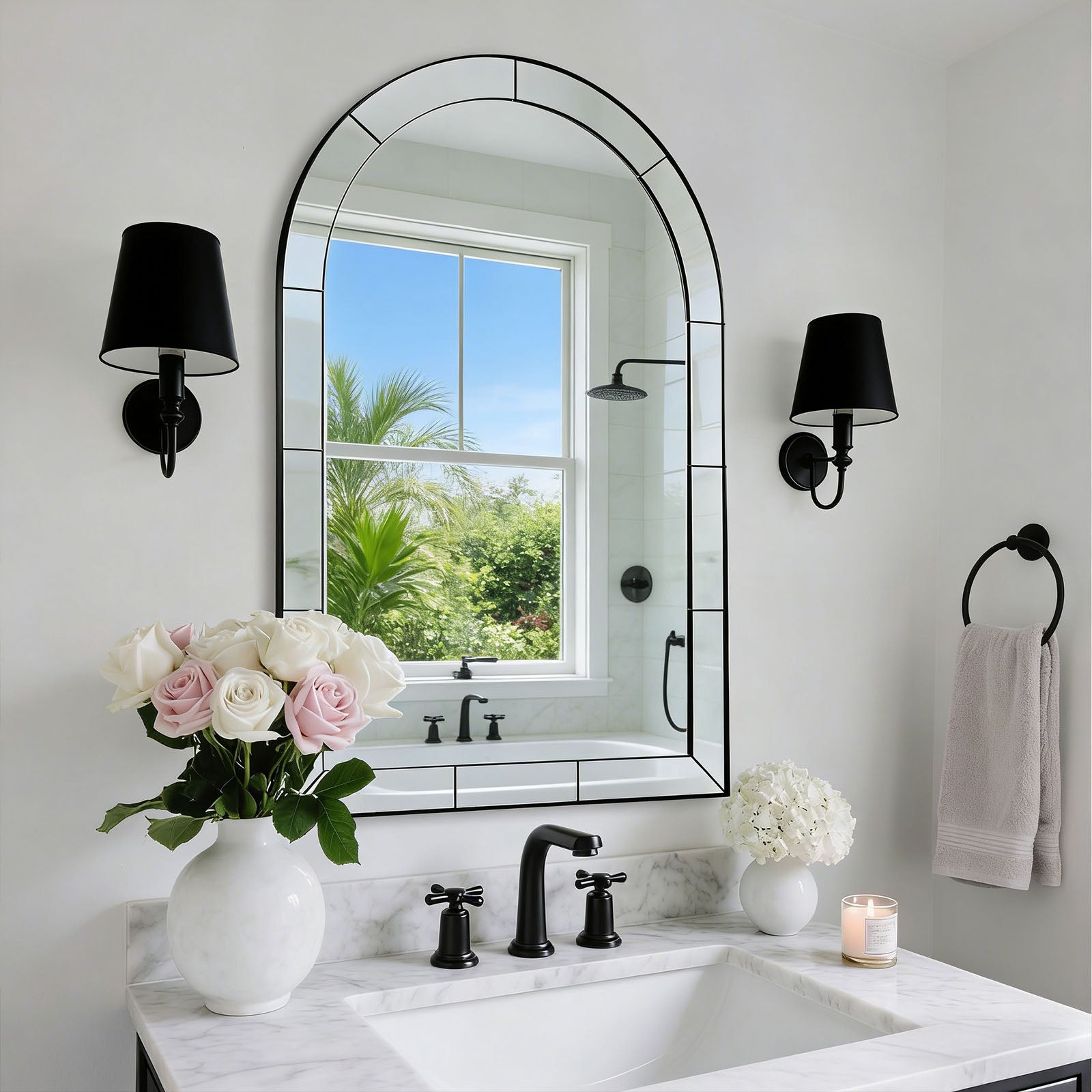 Minuette Glass Tile Edge Arched Mirror Bathroom Vanity Mirror | Stainless Steel Frame