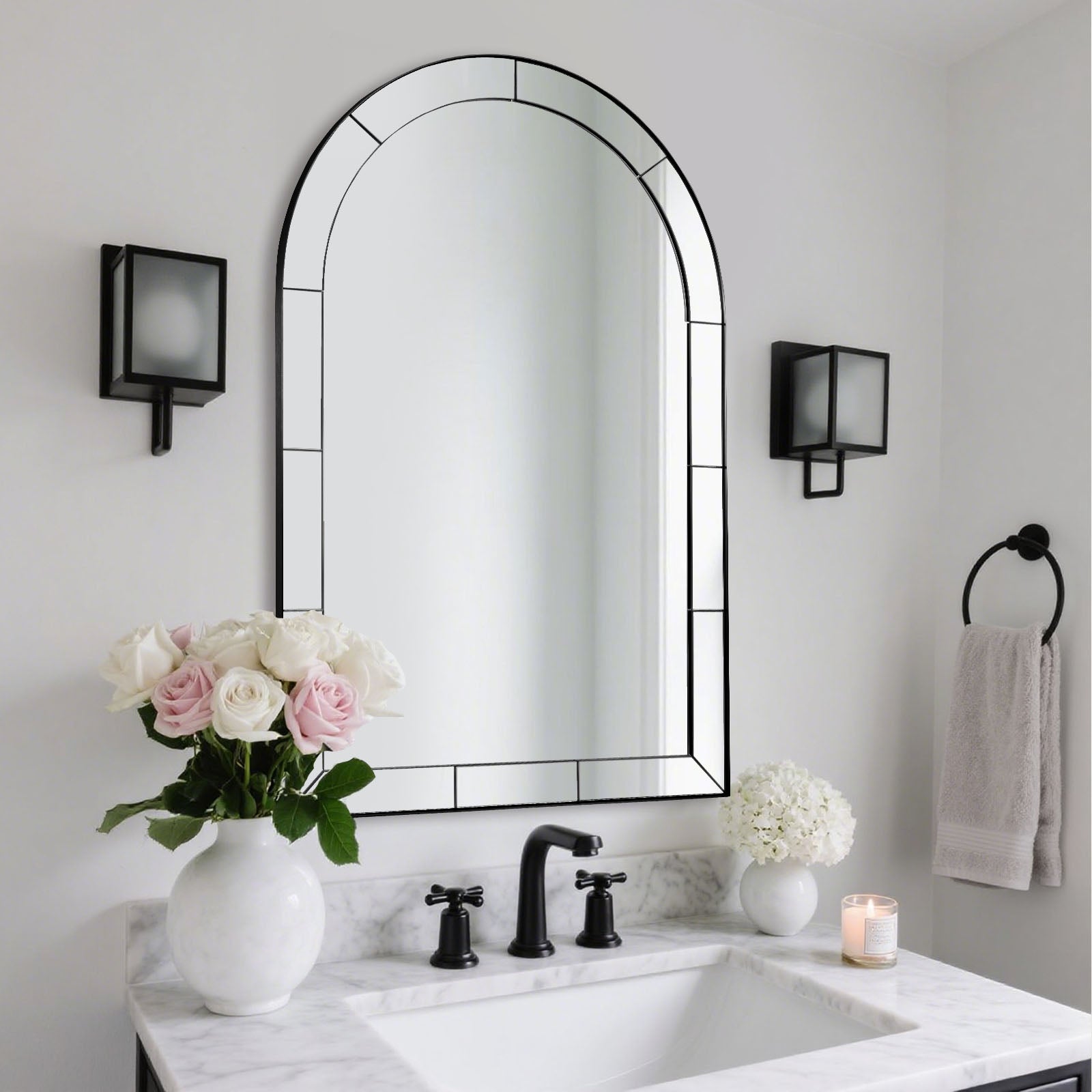 Minuette Glass Tile Edge Arched Mirror Bathroom Vanity Mirror | Stainless Steel Frame