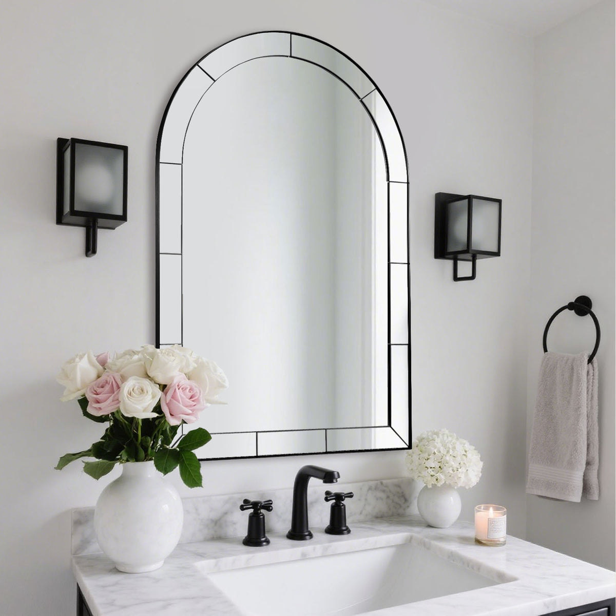 Glass Tile Edge Arched Mirror Bathroom Vanity Mirror | Stainless Steel Frame