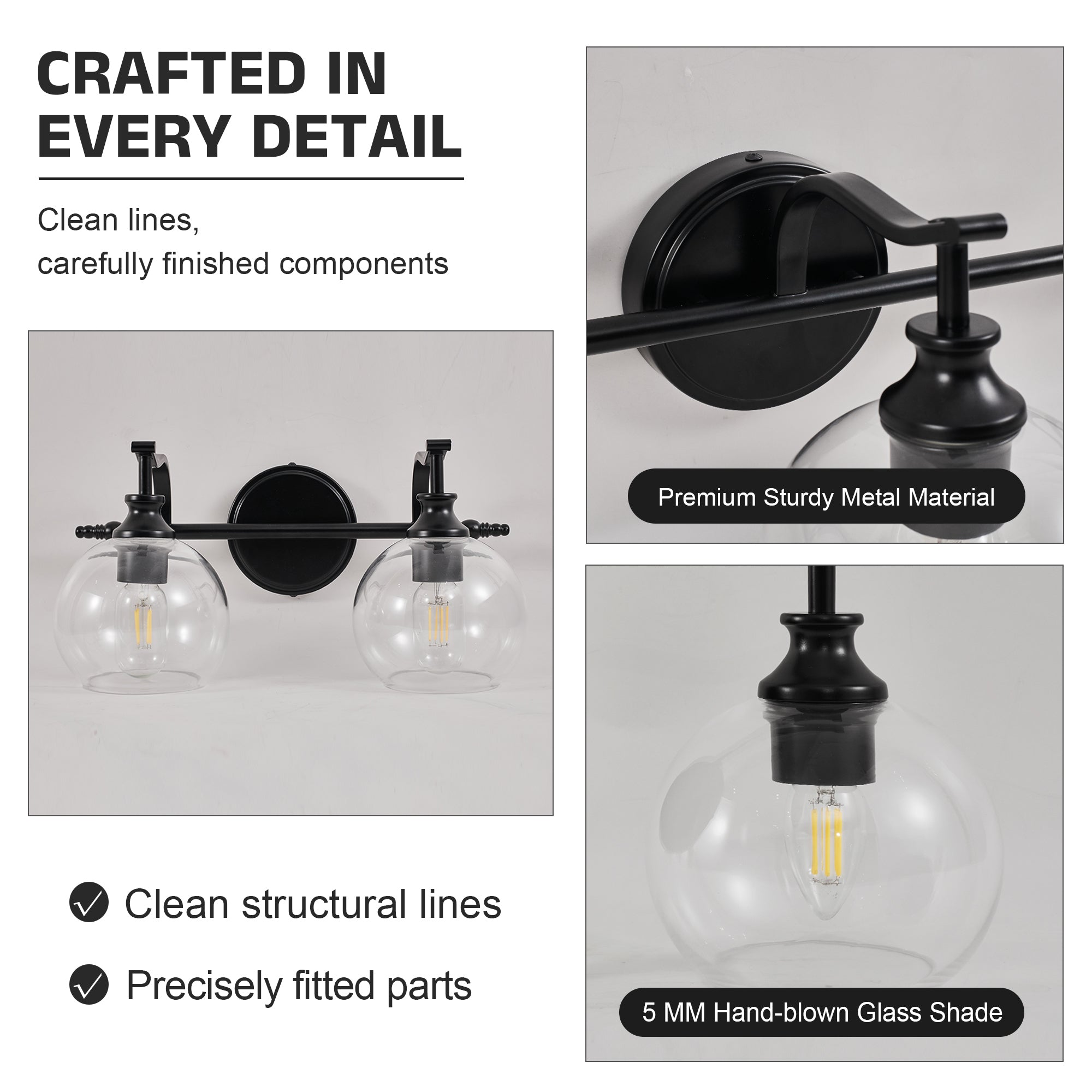 Modern Clear Globe Glass Shade Metal Crank Frame Bathroom Sconces
