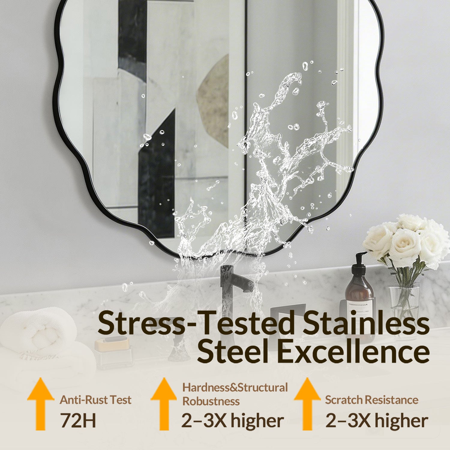 Contemporary Round Scalloped Mirror Wavy Circle Bathroom Vanity Mirror | Stainless Steel Frame