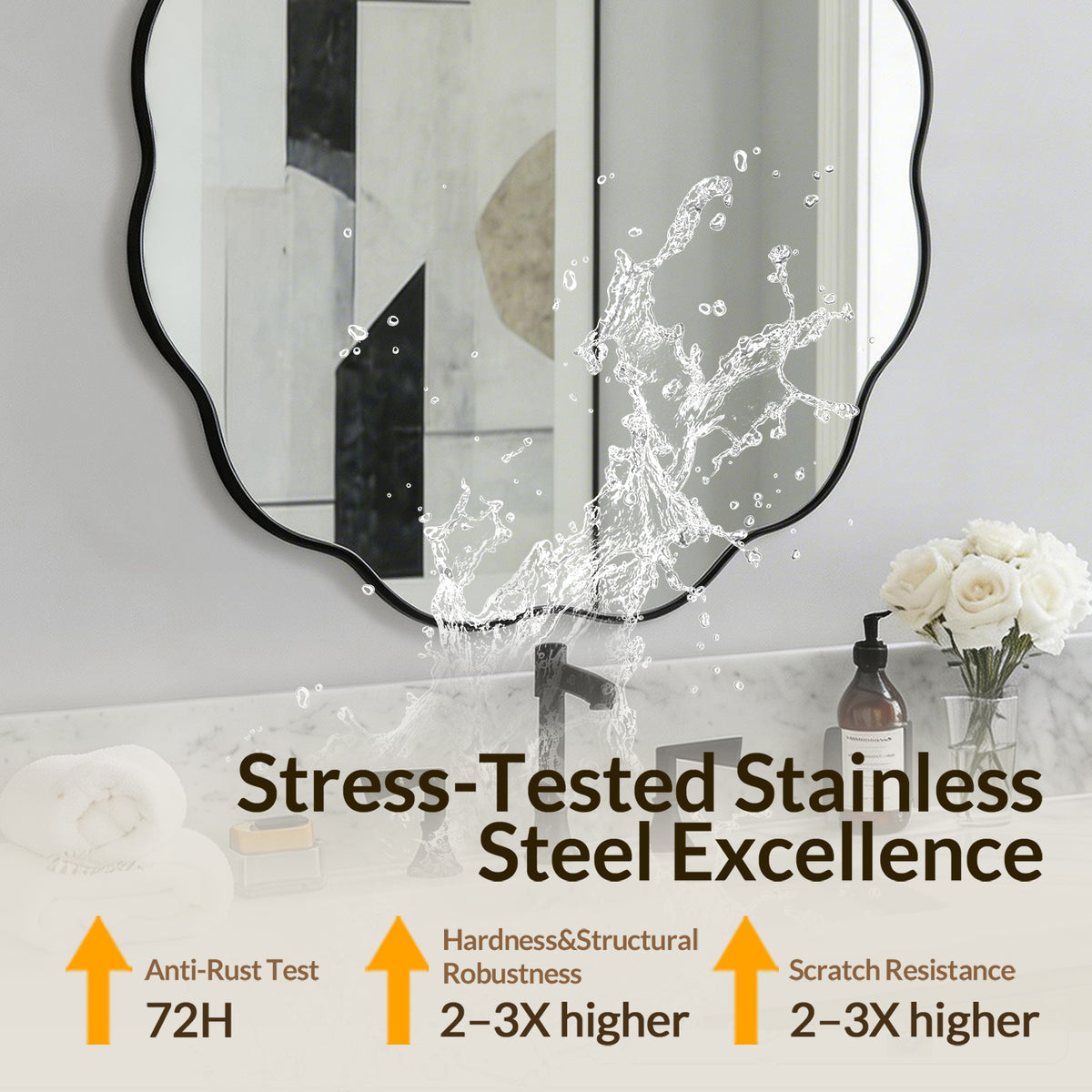 Contemporary Round Scalloped Mirror Wavy Circle Bathroom Vanity Mirror | Stainless Steel Frame
