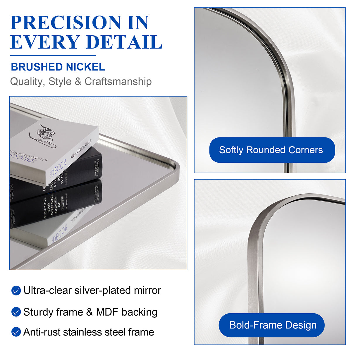 Anthropology Bold-Frame Wide Arch Mantel Mirror Bathroom Vanity Mirror ,Over the Fireplace | Stainless Steel Frame