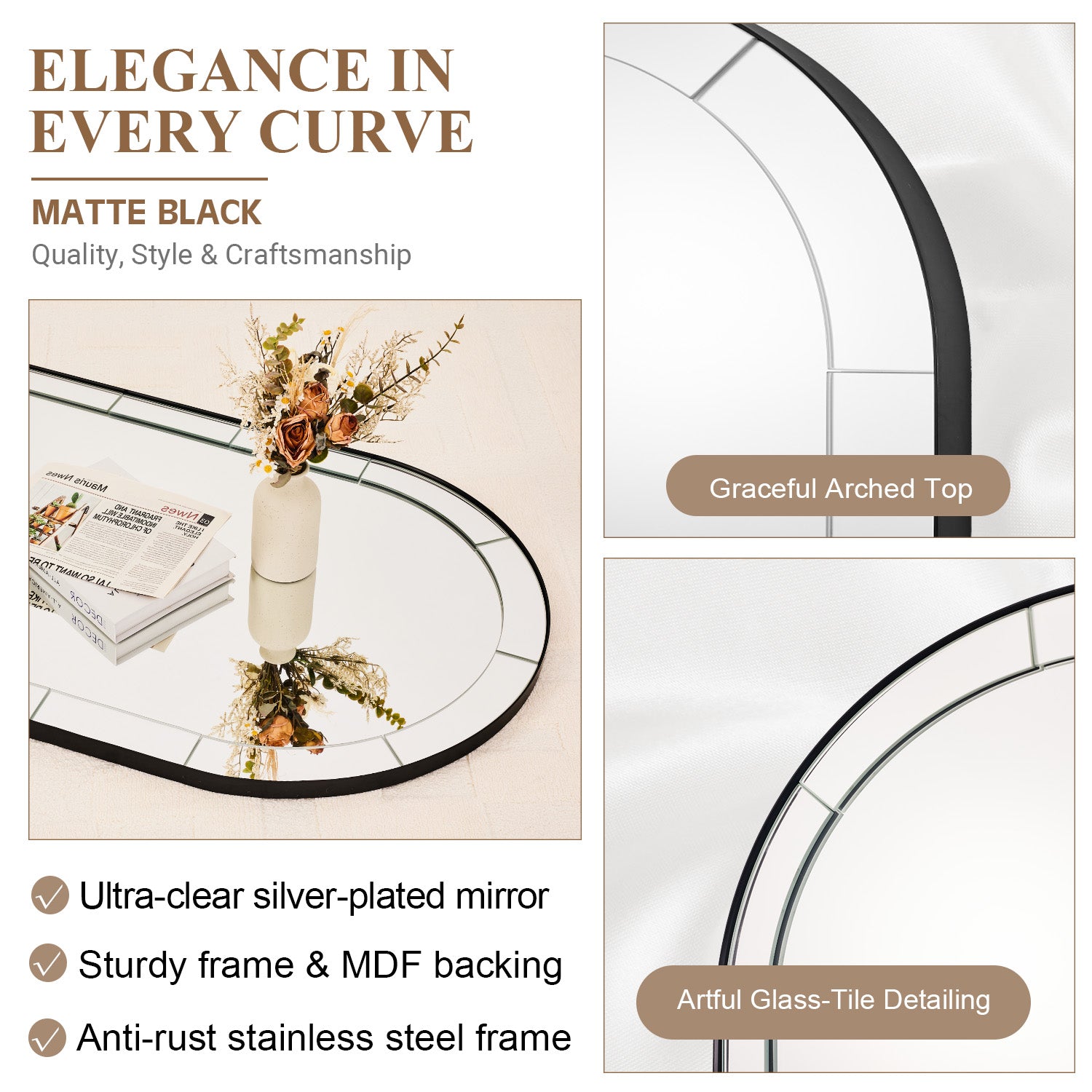 Minuette Glass Tile Edge Arched Mirror Bathroom Vanity Mirror | Stainless Steel Frame