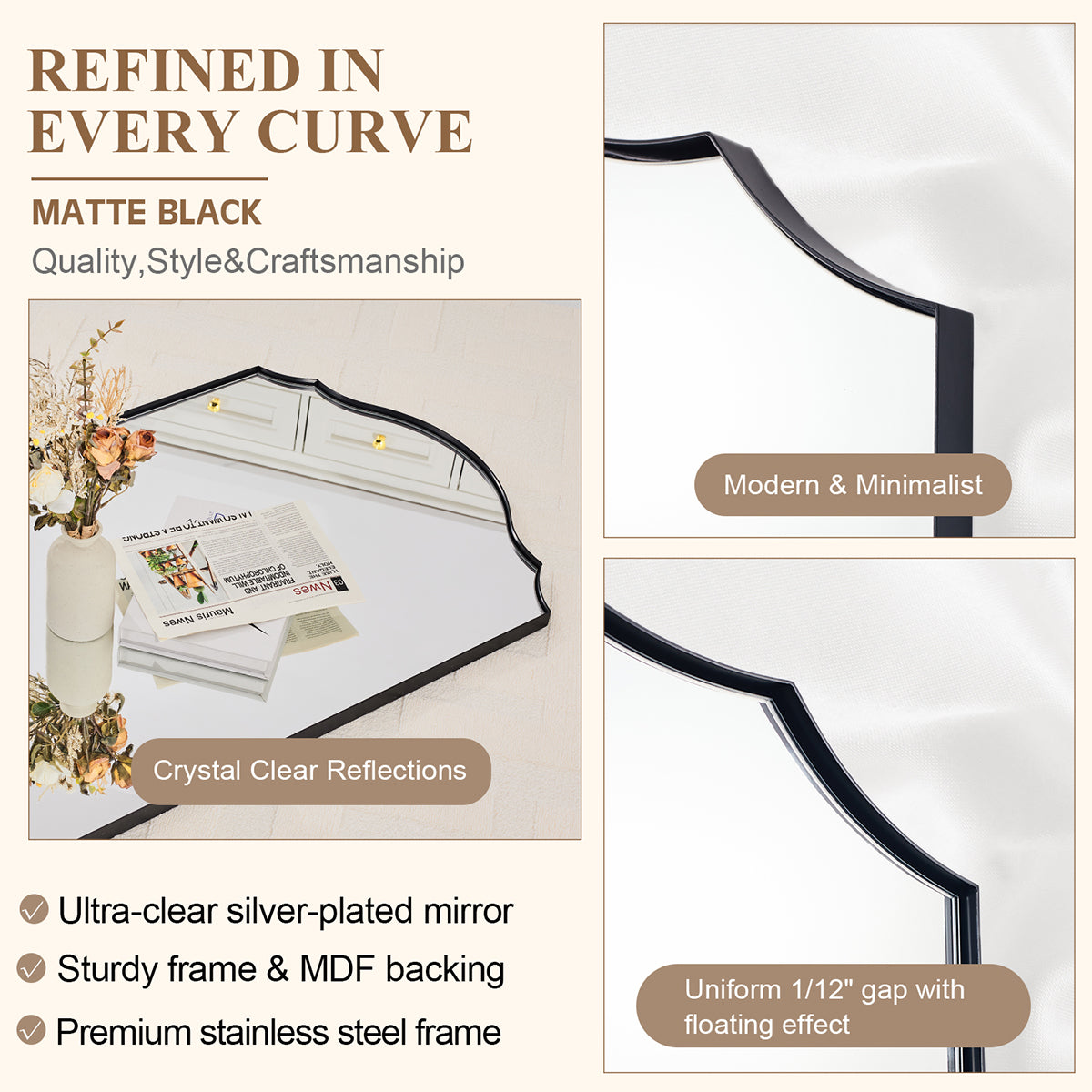 Contemporary Arched Curved Scalloped Mirror Bathroom Vanity Mirror | Stainless Steel Frame