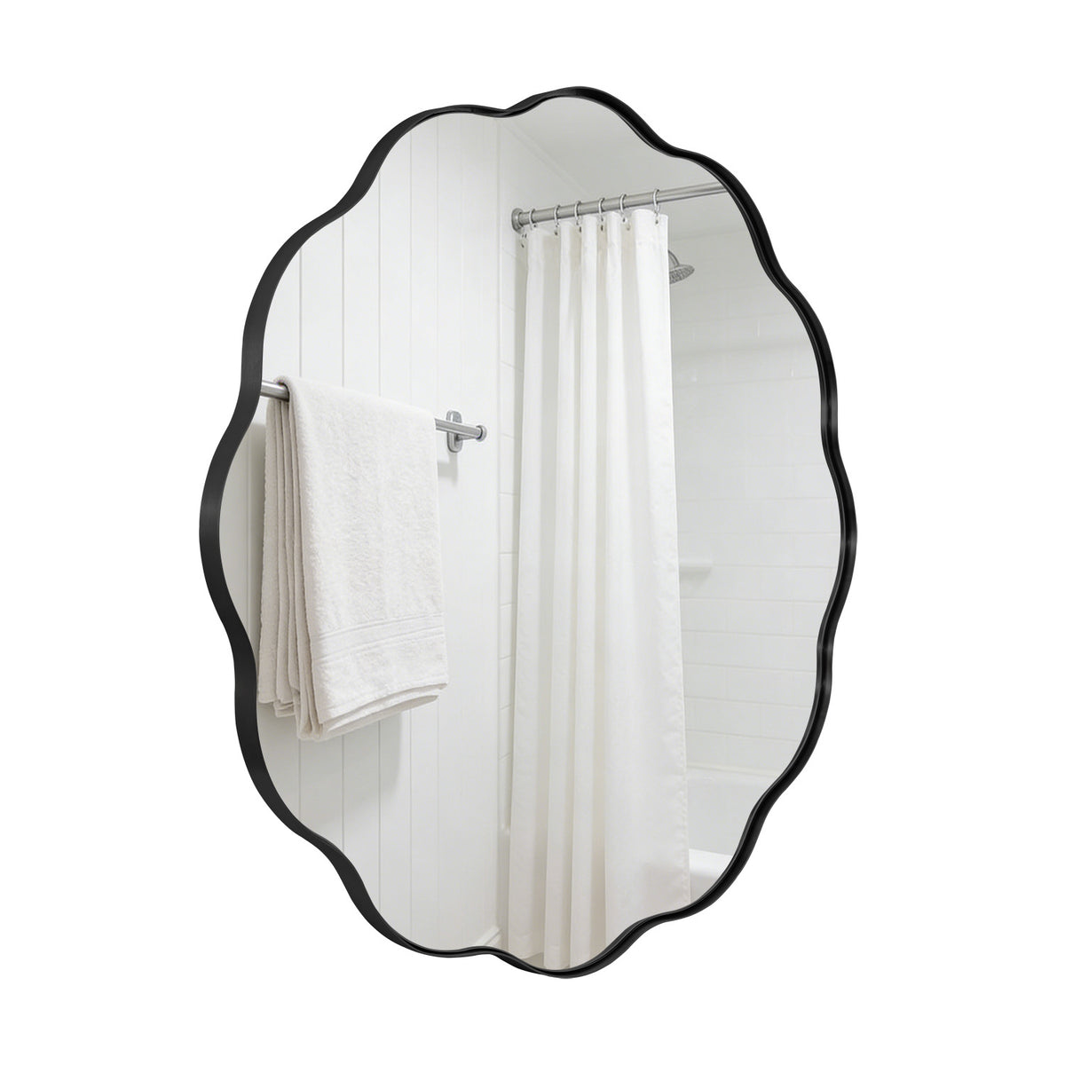 Contemporary Round Scalloped Mirror Wavy Circle Bathroom Vanity Mirror | Stainless Steel Frame