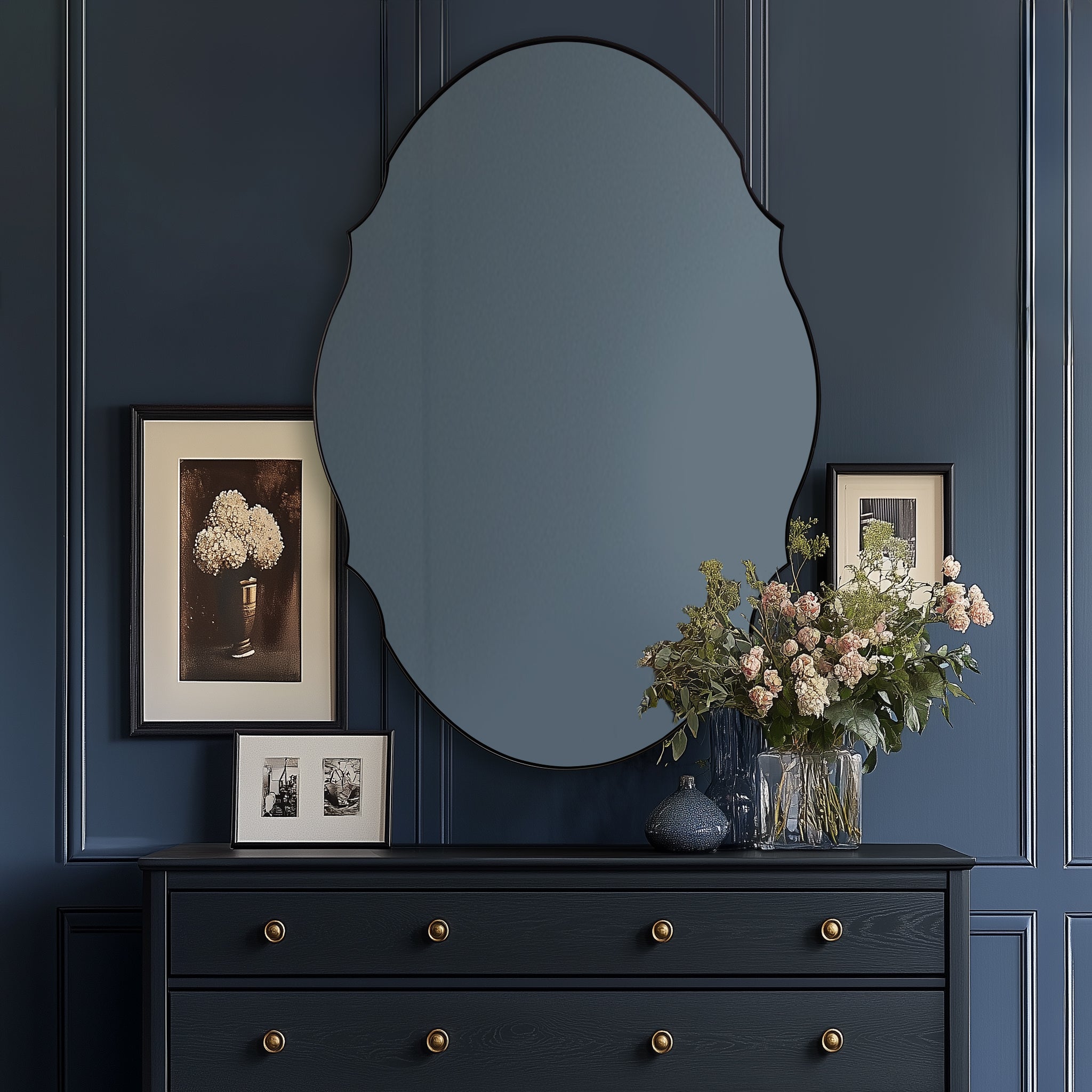Contemporary Oval Scalloped Wall Mirror Irregular Bathroom Vanity Mirror| Stainless Steel Frame