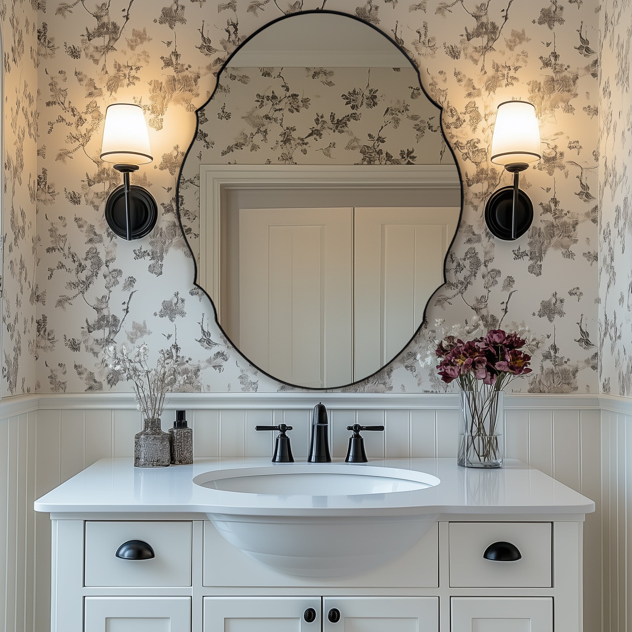 Contemporary Oval Scalloped Wall Mirror Irregular Bathroom Vanity Mirror| Stainless Steel Frame