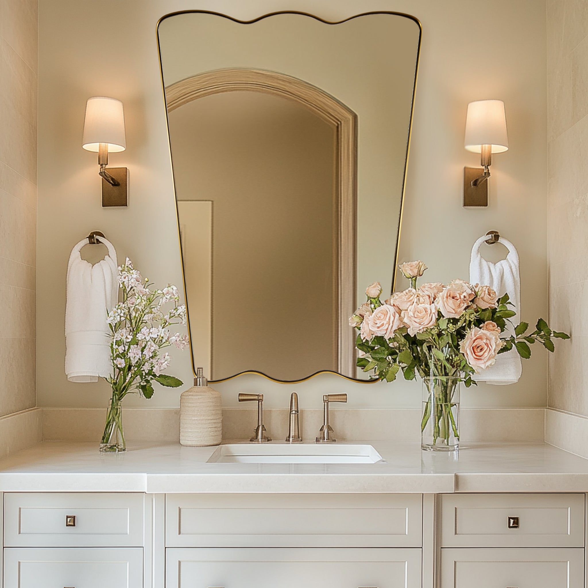 Contemporary Tapered Wavy Scalloped Bathroom Vanity Mirror | Stainless Steel Framed