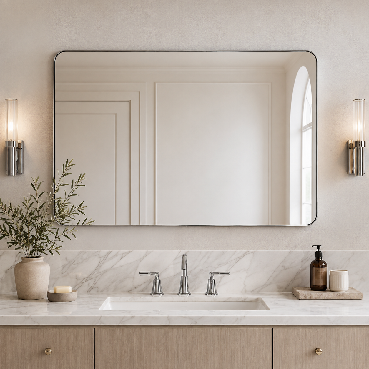 Modern Rounded Rectangle Mirror for Bathroom/ Vanity/ Wall | Stainless Steel Frame