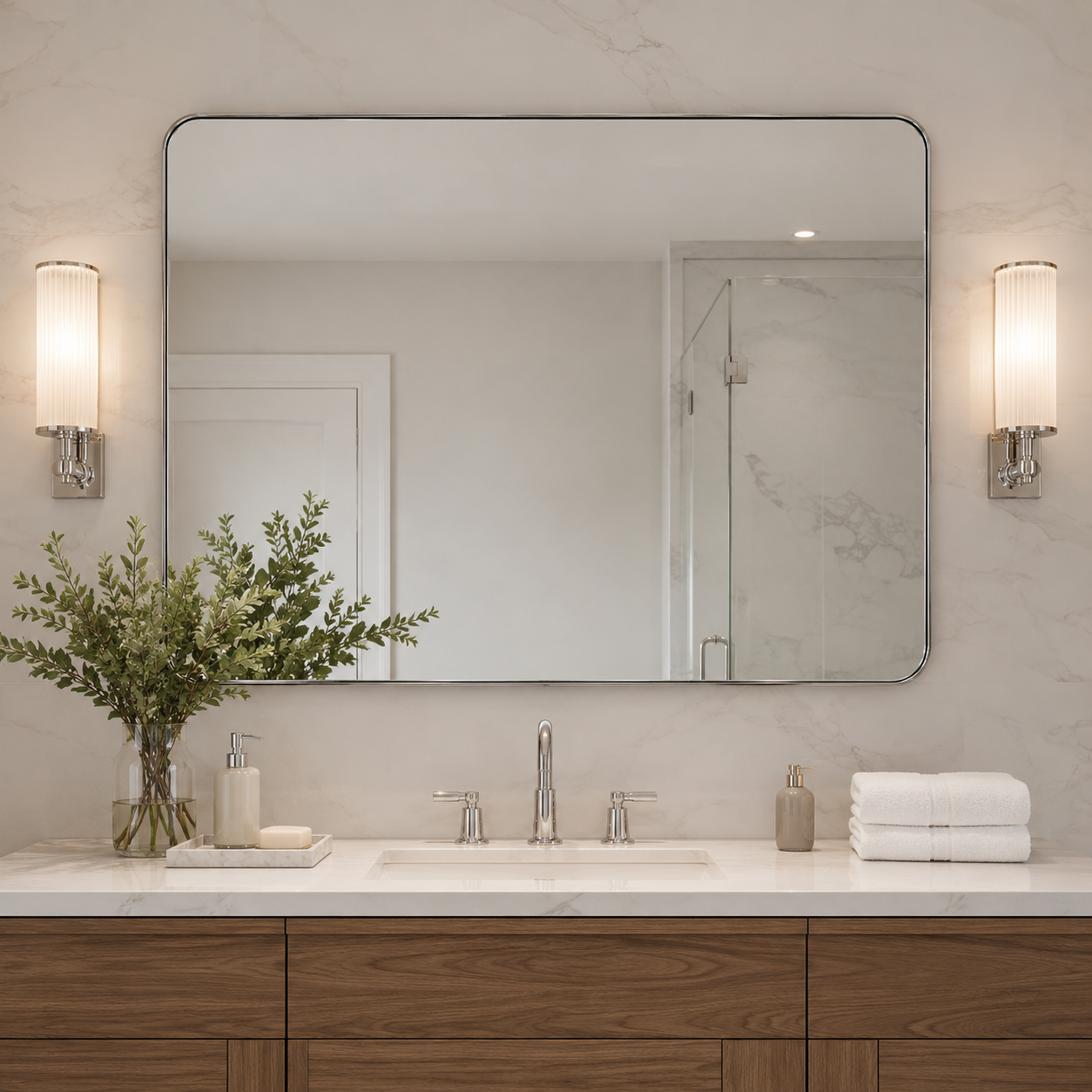 Modern Rounded Rectangle Mirror for Bathroom/ Vanity/ Wall | Stainless Steel Frame