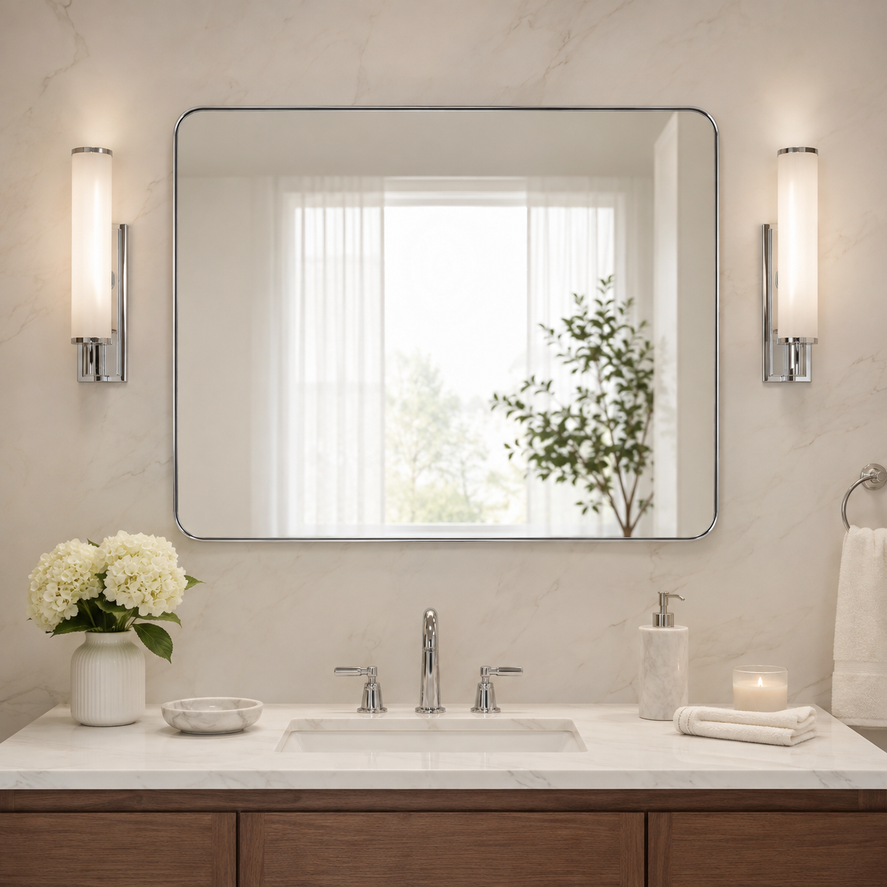 Modern Rounded Rectangle Mirror for Bathroom/ Vanity/ Wall | Stainless Steel Frame