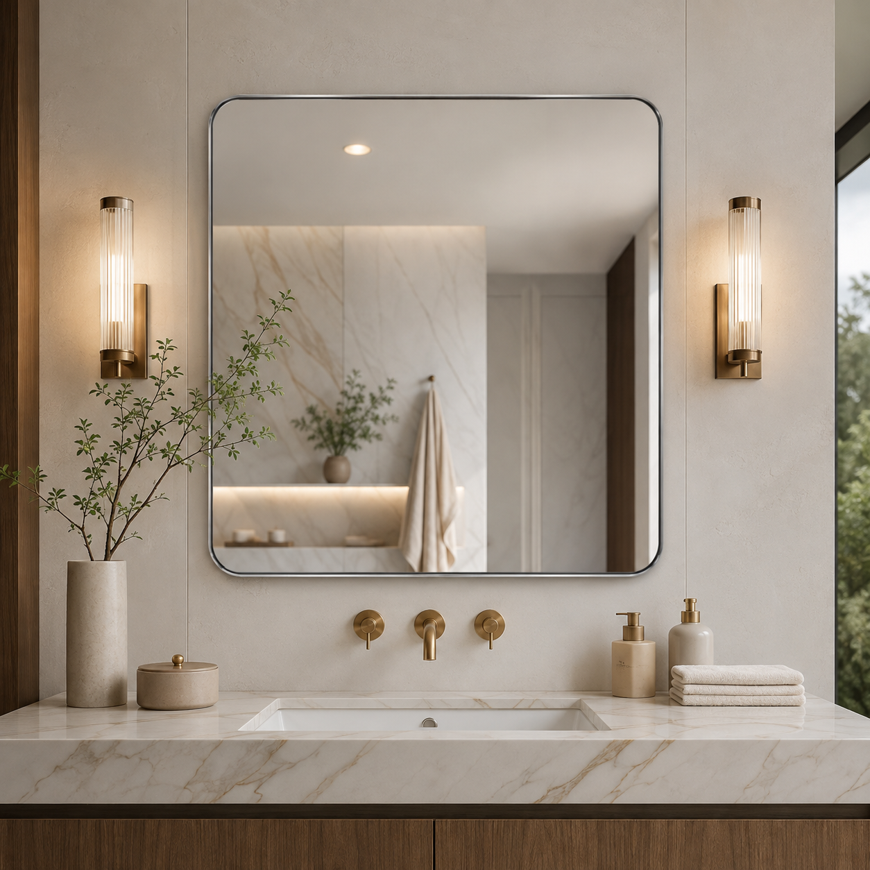Modern Rounded Rectangle Mirror for Bathroom/ Vanity/ Wall | Stainless Steel Frame