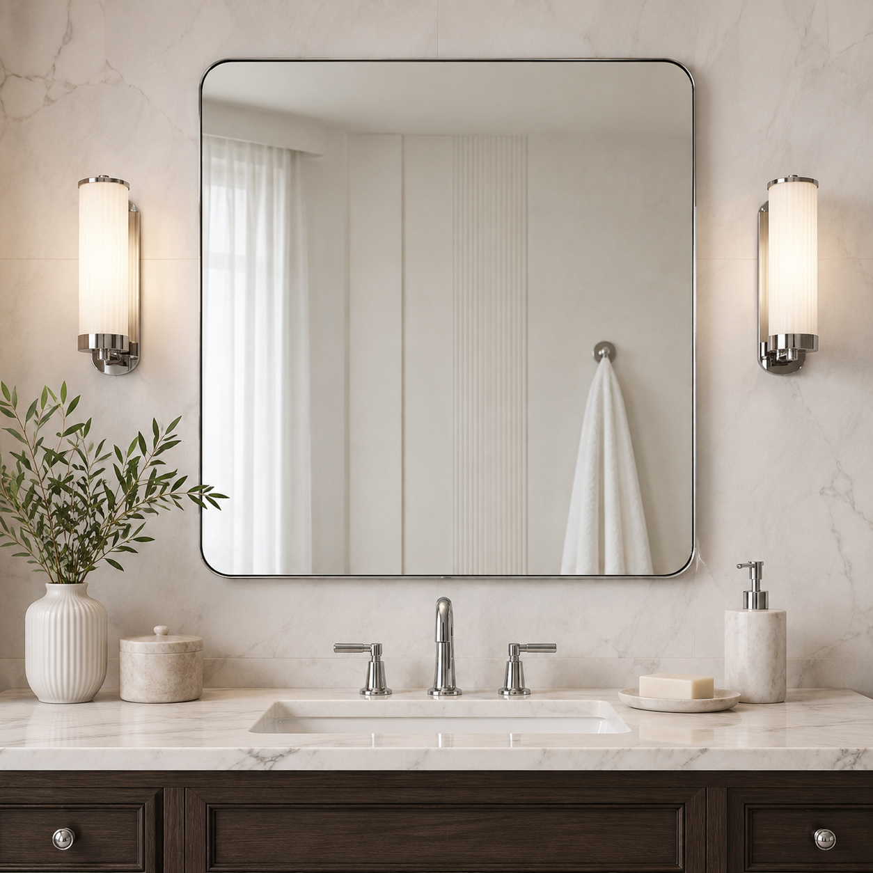 Modern Rounded Rectangle Mirror for Bathroom/ Vanity/ Wall | Stainless Steel Frame