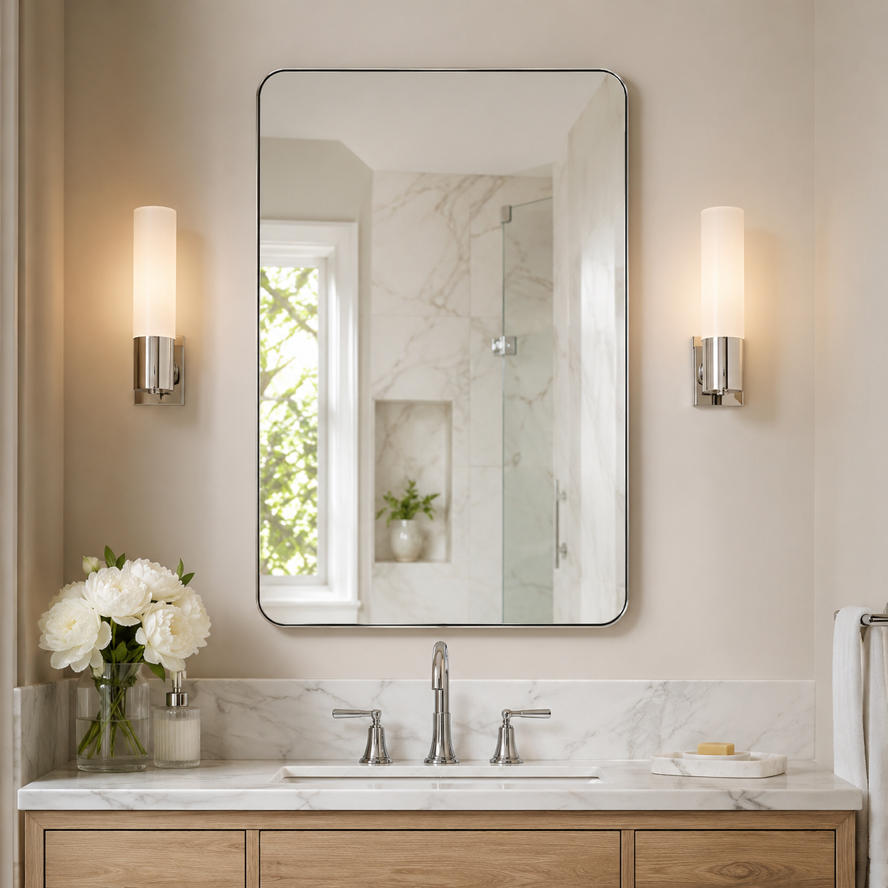 Modern Rounded Rectangle Mirror for Bathroom/ Vanity/ Wall | Stainless Steel Frame