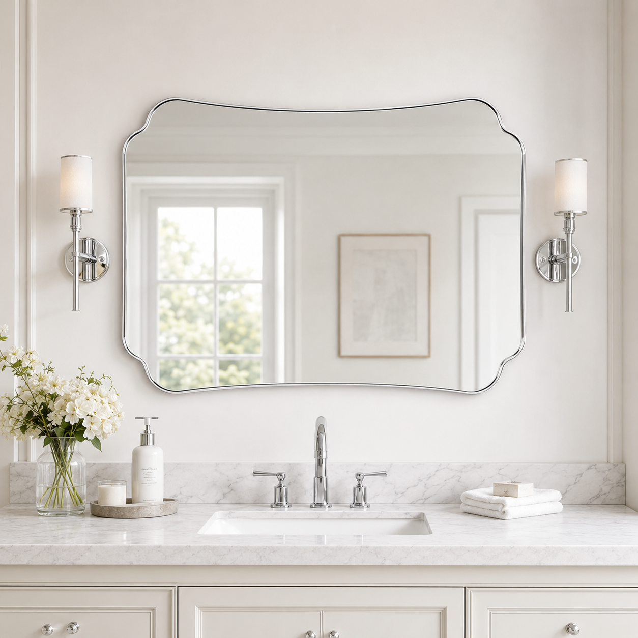 Contemporary Cut Corner Concave Edge Scalloped Bathroom Mirror | Stainless Steel Frame