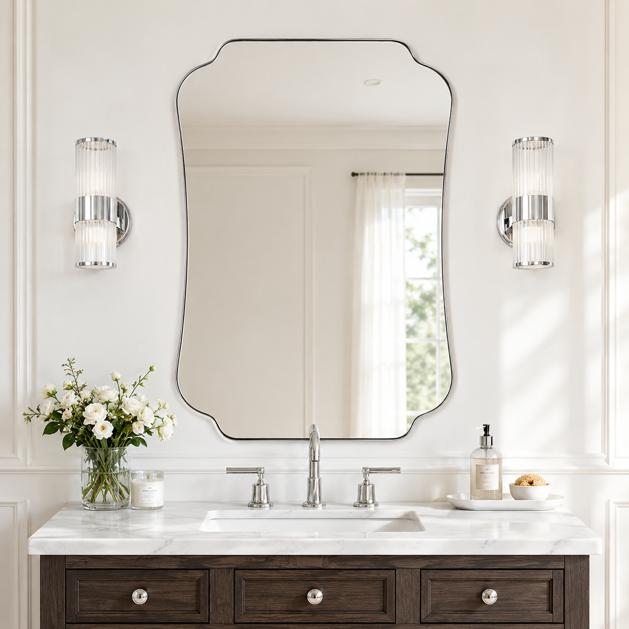 Contemporary Cut Corner Concave Edge Scalloped Bathroom Mirror | Stainless Steel Frame