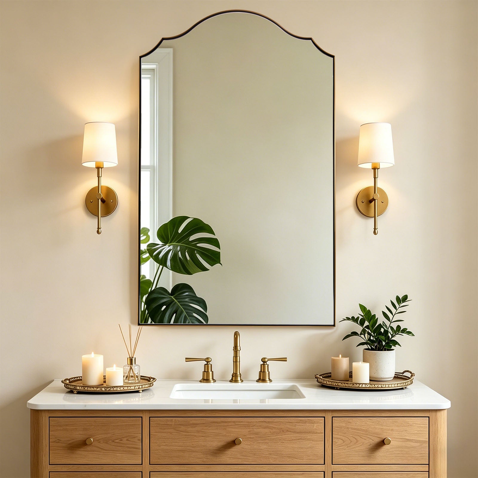 Contemporary Arched Curved Scalloped Mirror Bathroom Vanity Mirror | Stainless Steel Frame