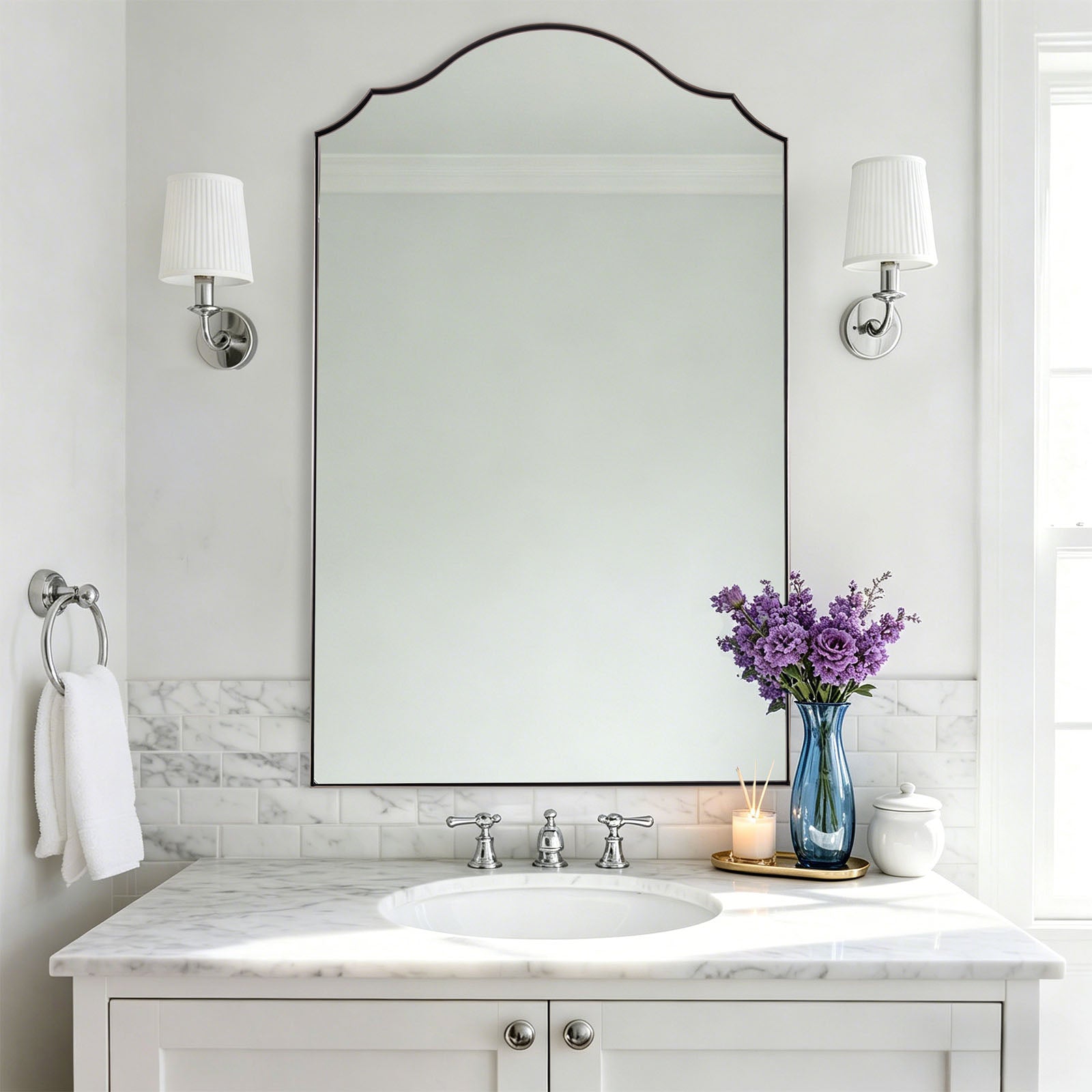 Contemporary Arched Curved Scalloped Mirror Bathroom Vanity Mirror | Stainless Steel Frame