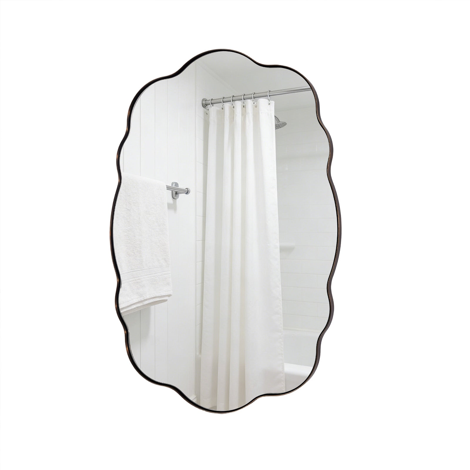 Contemporary Wavy Oval Scalloped Bathroom Vanity Mirror Irregular Organic Mirror| Stainless Steel Framed