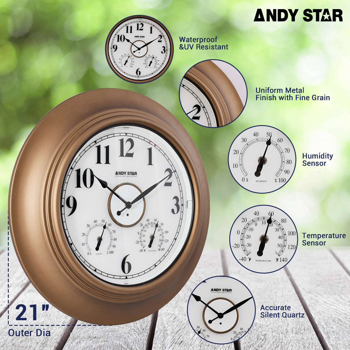 Contemporary Large Outdoor Wall Clock with Thermometer Weatherproof Illuminated ,21 Inch