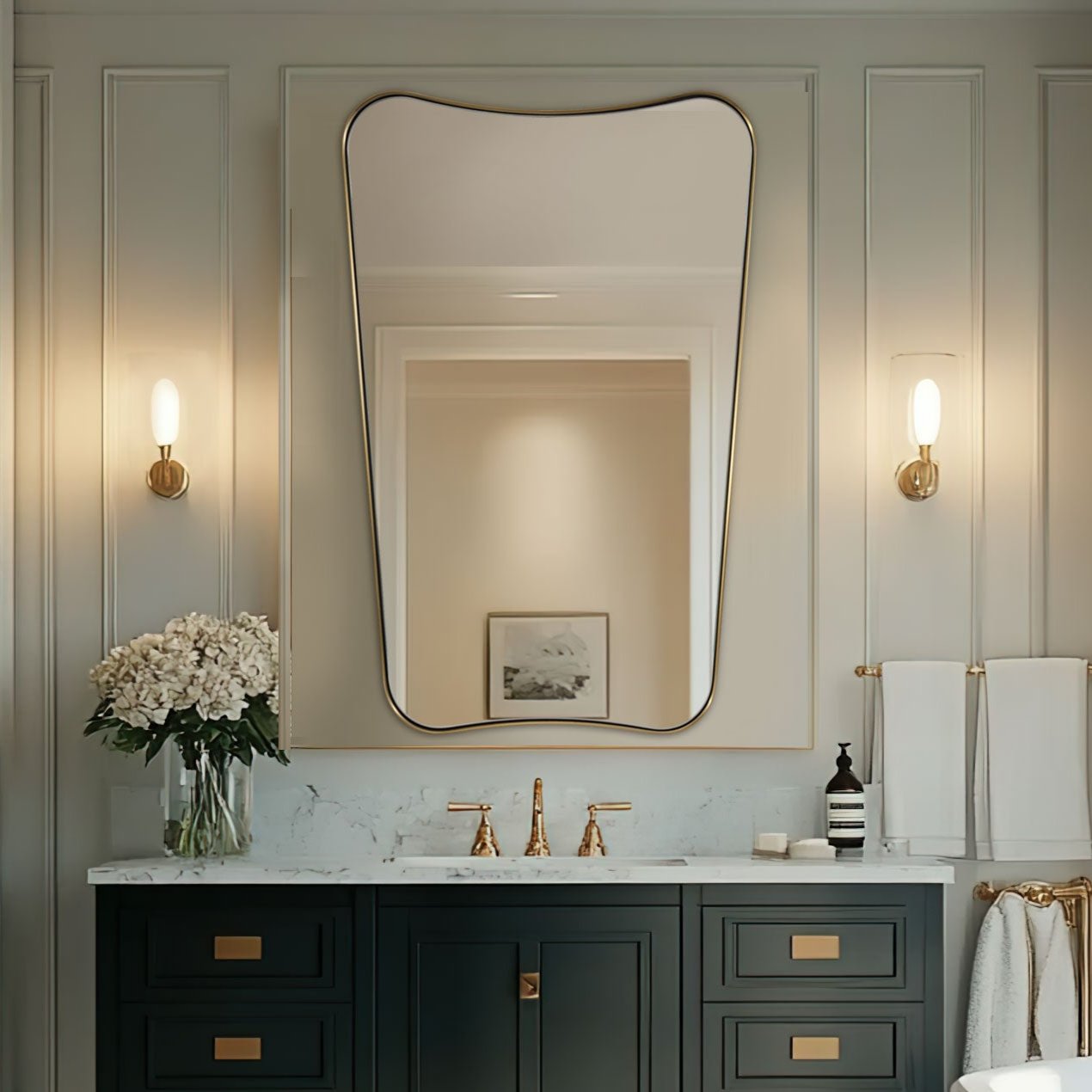 Modern Concave Top Rectangle Irregular Scalloped Bathroom Wall Mirror |Stainless Steel Frame