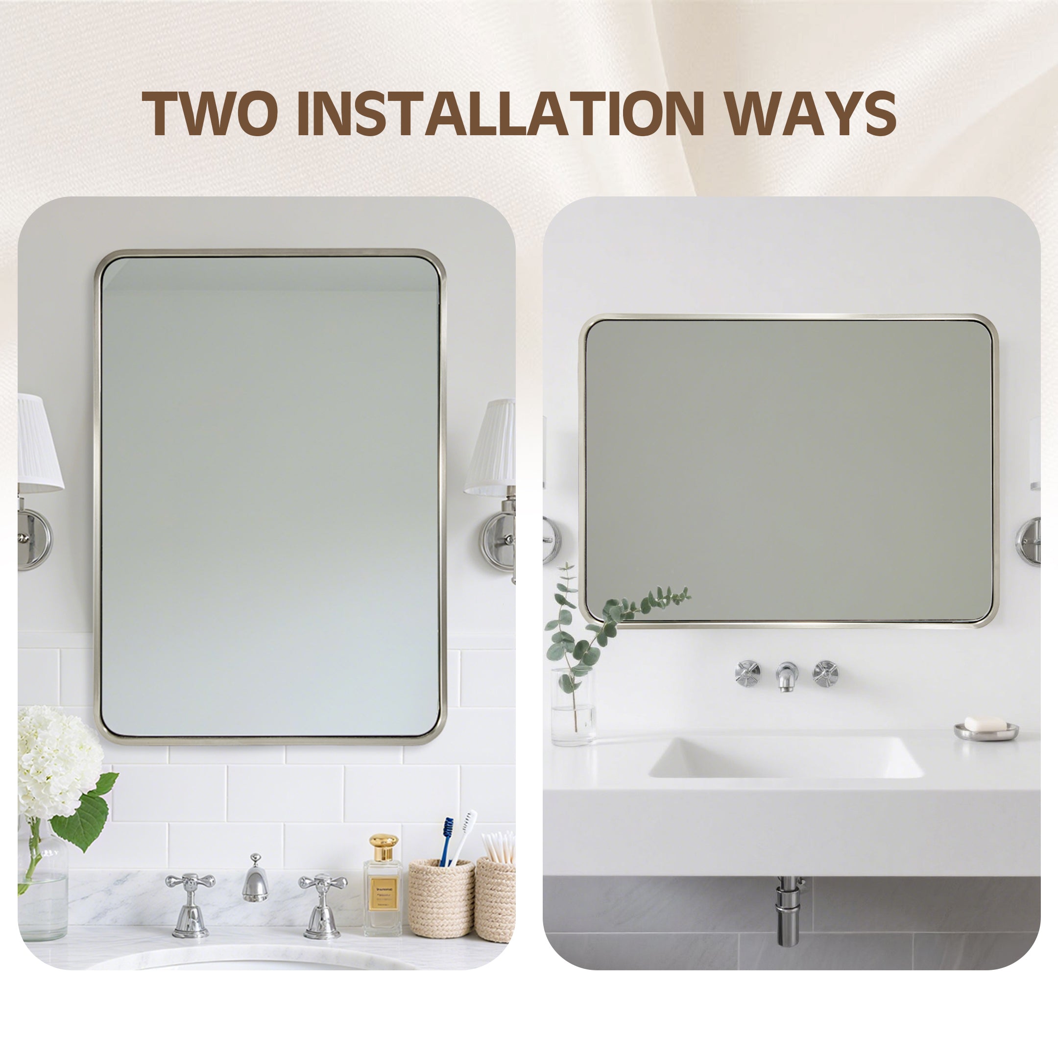Modern Bold Stainless Steel Framed Rounded Rectangular Bathroom Wall Mirror