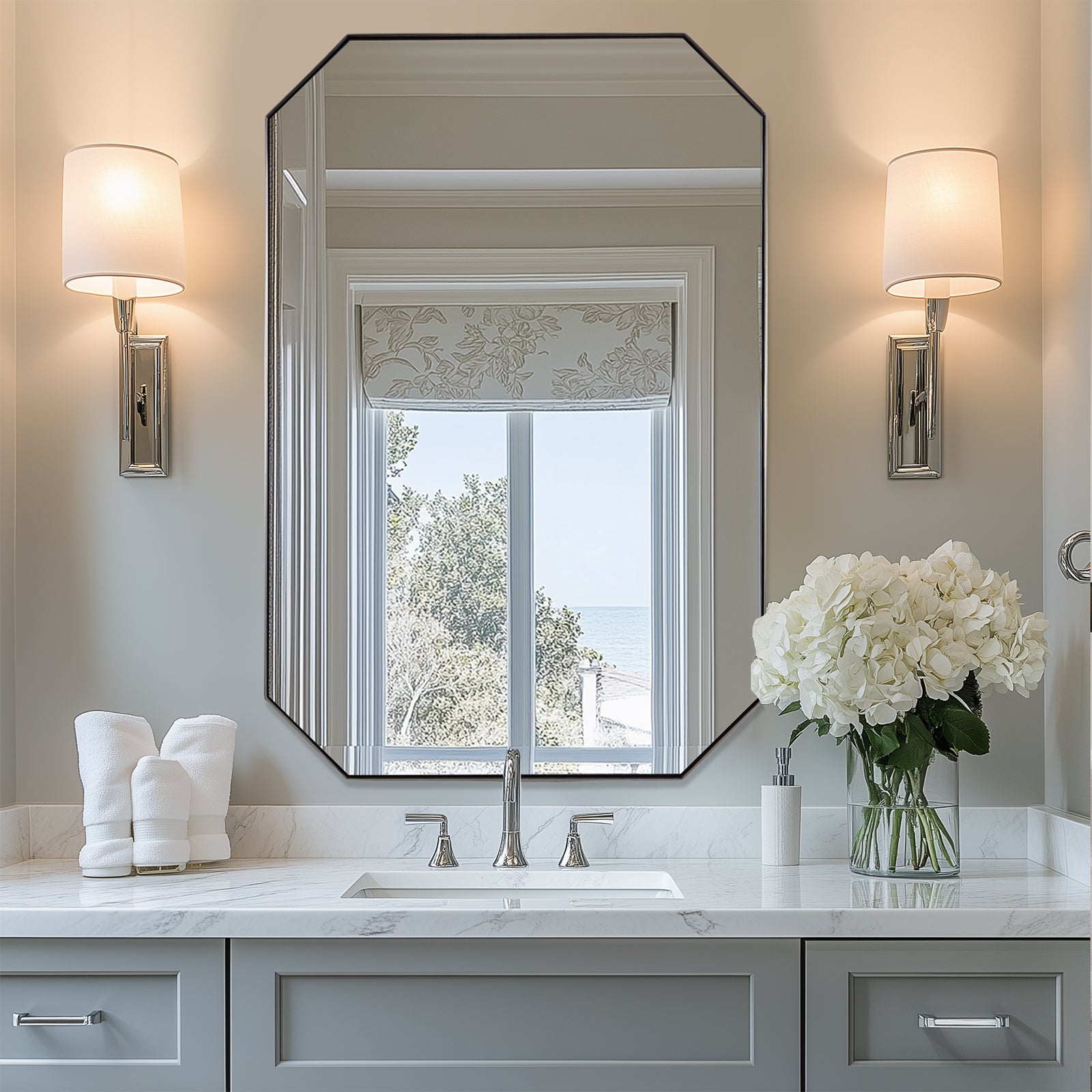 Contemporary Cut Corner Octagonal Scalloped Rectangle Mirror for Bathroom |Stainless Steel Frame