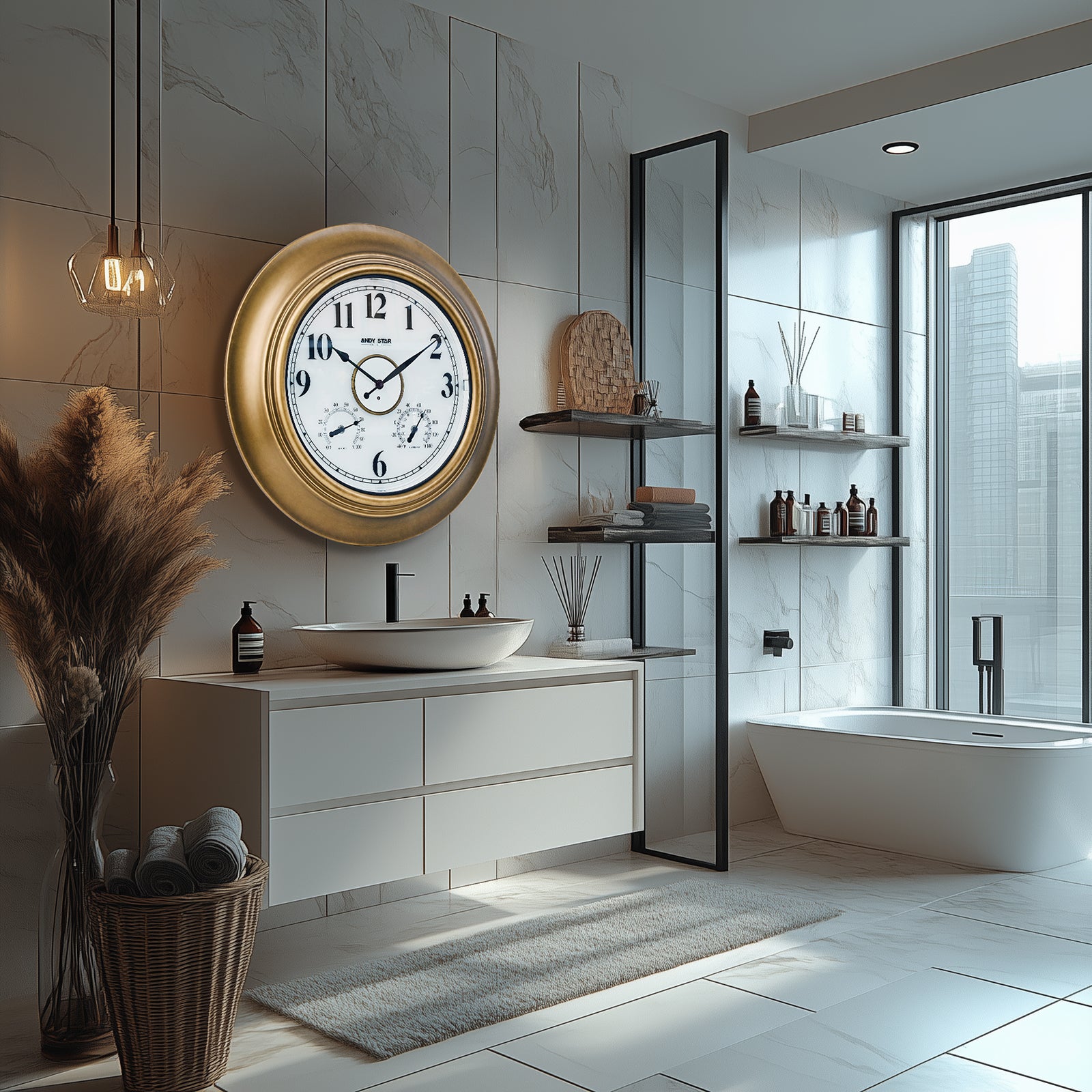 Contemporary Large Outdoor Wall Clock with Thermometer Weatherproof Illuminated ,21 Inch